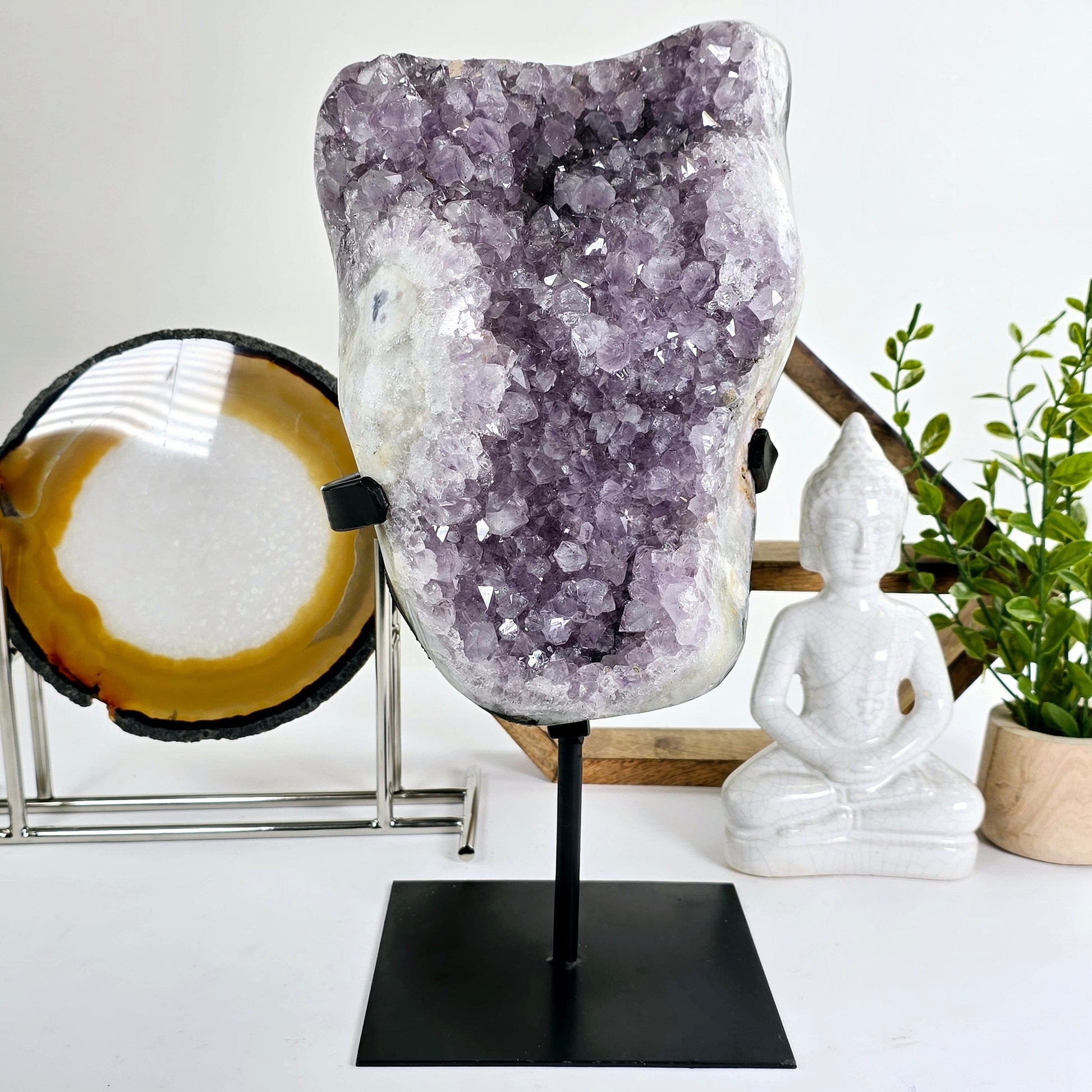 Amethyst - Large Crystal Cluster on Metal Stand #2 front view