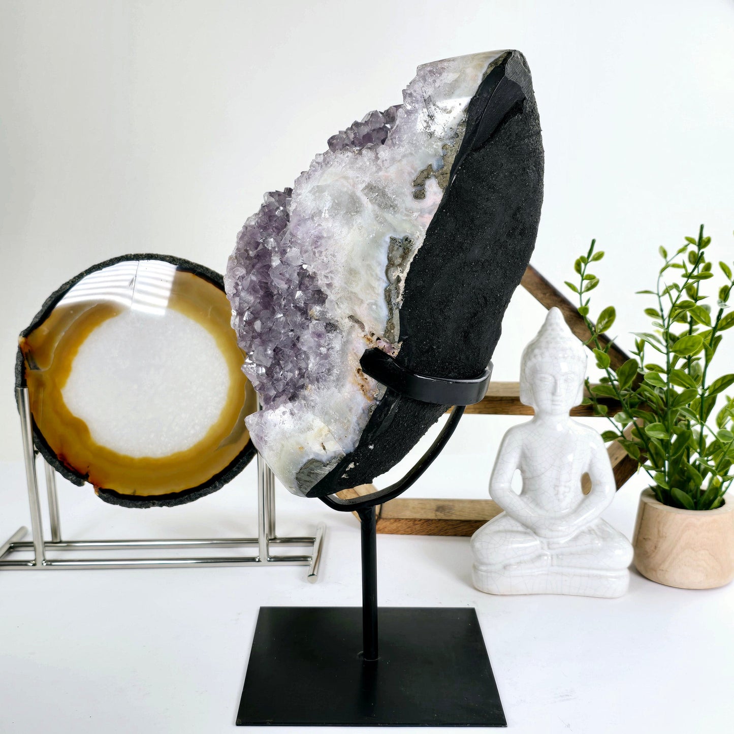 Amethyst - Large Crystal Cluster on Metal Stand #2 side view