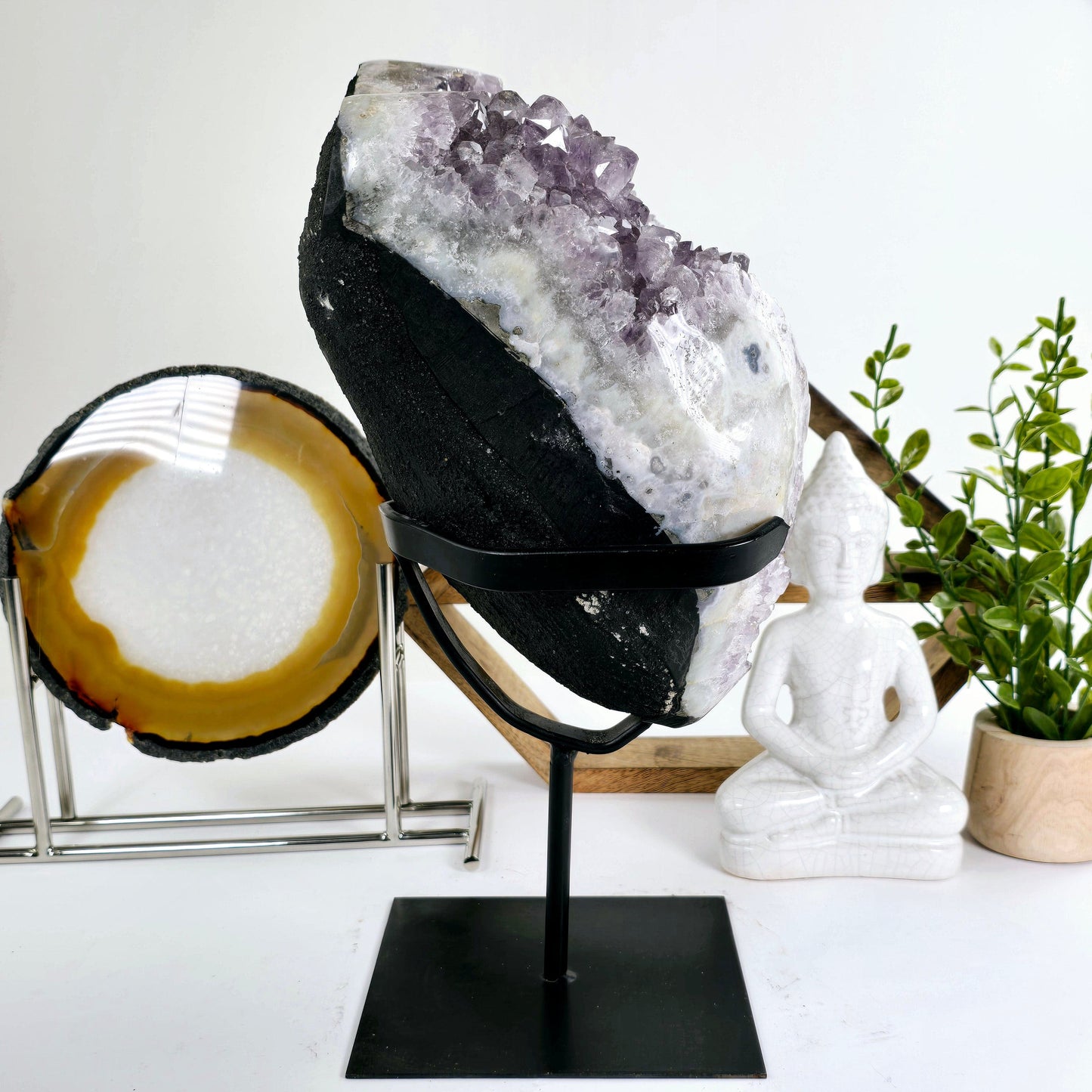 Amethyst - Large Crystal Cluster on Metal Stand #2 side view