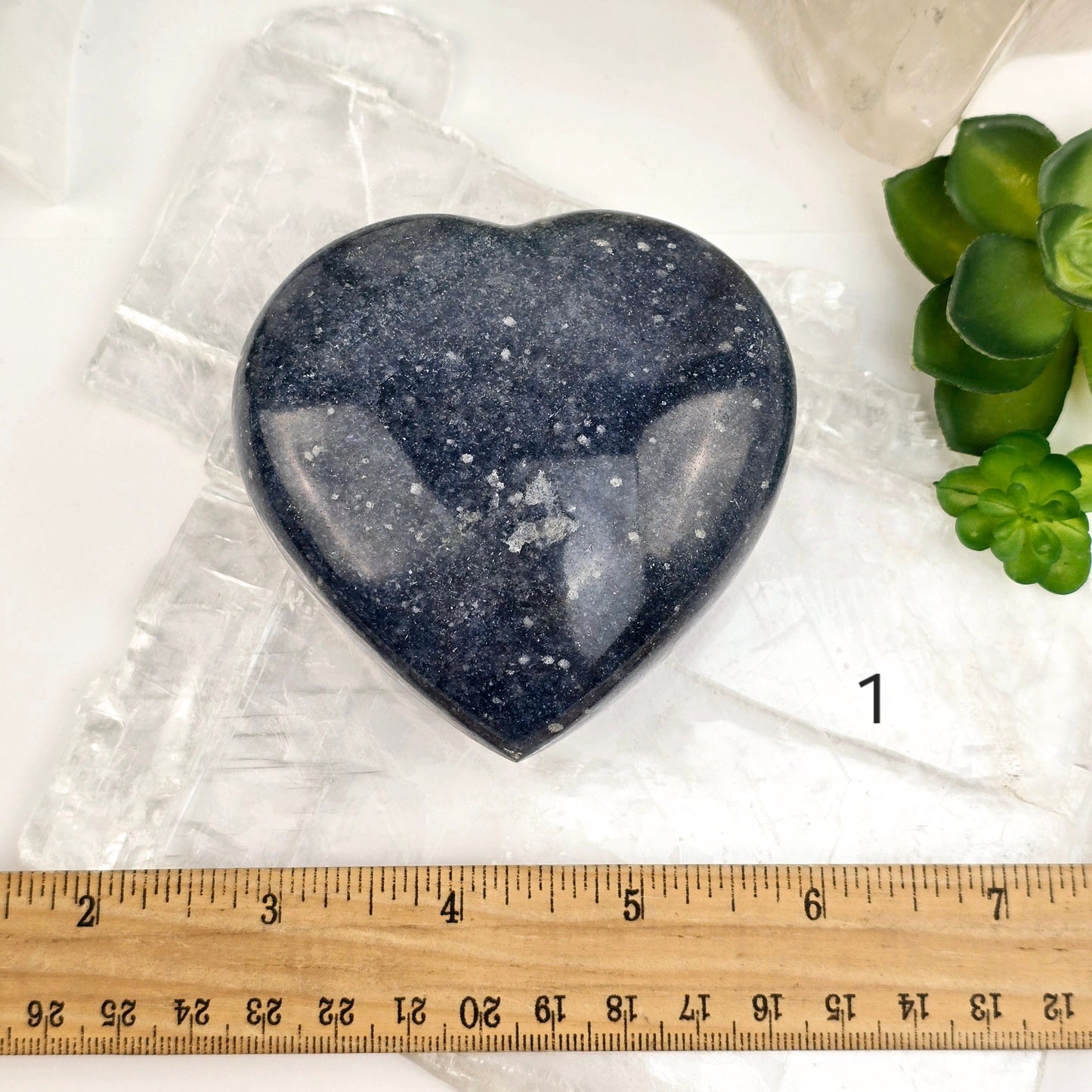 Lazulite Crystal Heart - You Choose variant 1 labeled with ruler for size reference