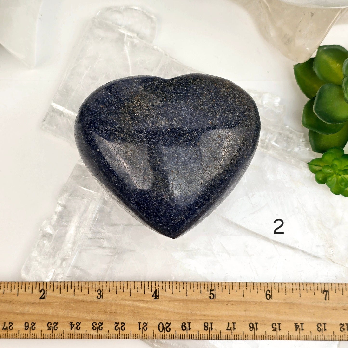 Lazulite Crystal Heart - You Choose variant 2 labeled with ruler for size reference