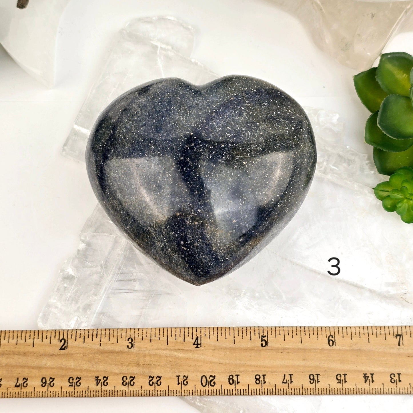 Lazulite Crystal Heart - You Choose variant 3 labeled with ruler for size reference