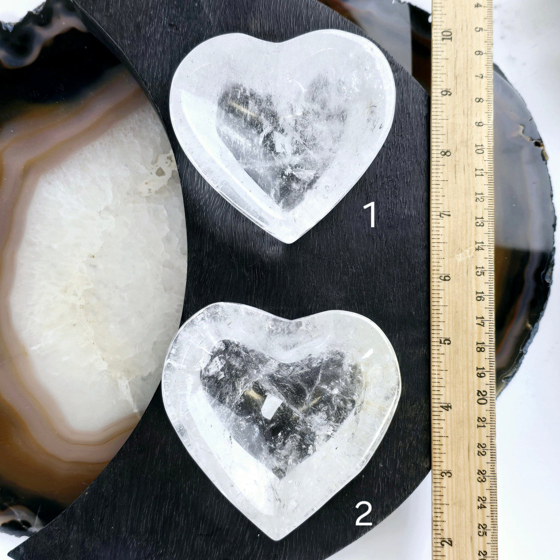 Crystal Quartz Heart Dish - You Choose #1 variants 1 and 2 labeled with ruler for size reference