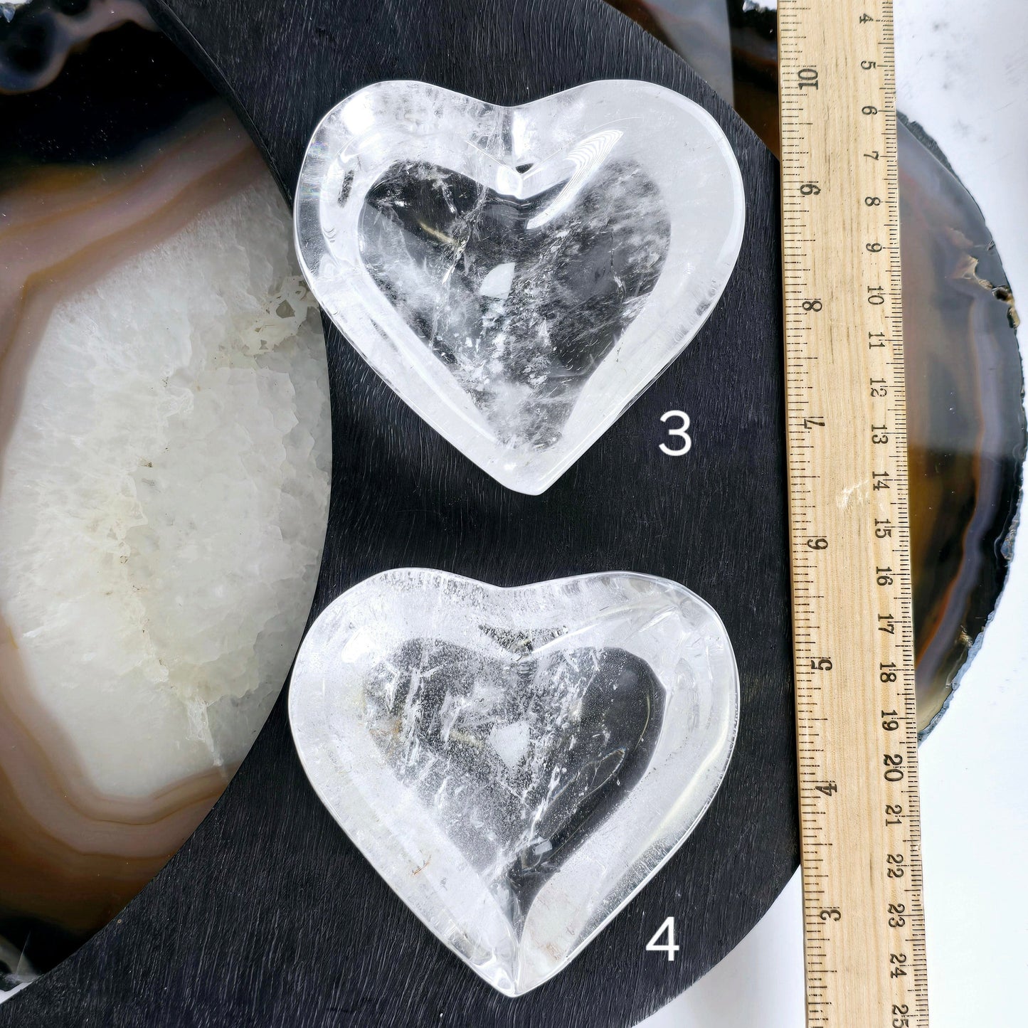 Crystal Quartz Heart Dish - You Choose #1 variants 3 and 4 labeled with ruler for size reference
