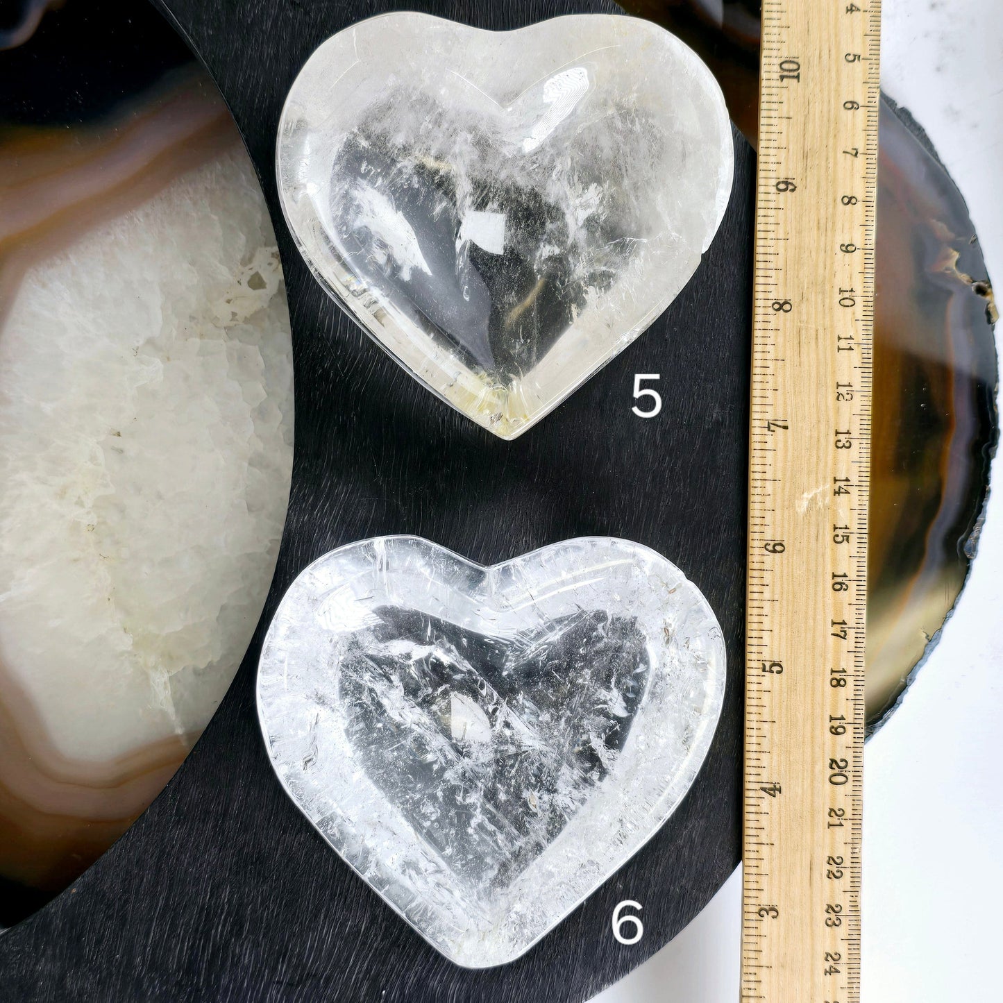 Crystal Quartz Heart Dish - You Choose #1 variants 5 and 6 labeled with ruler for size reference