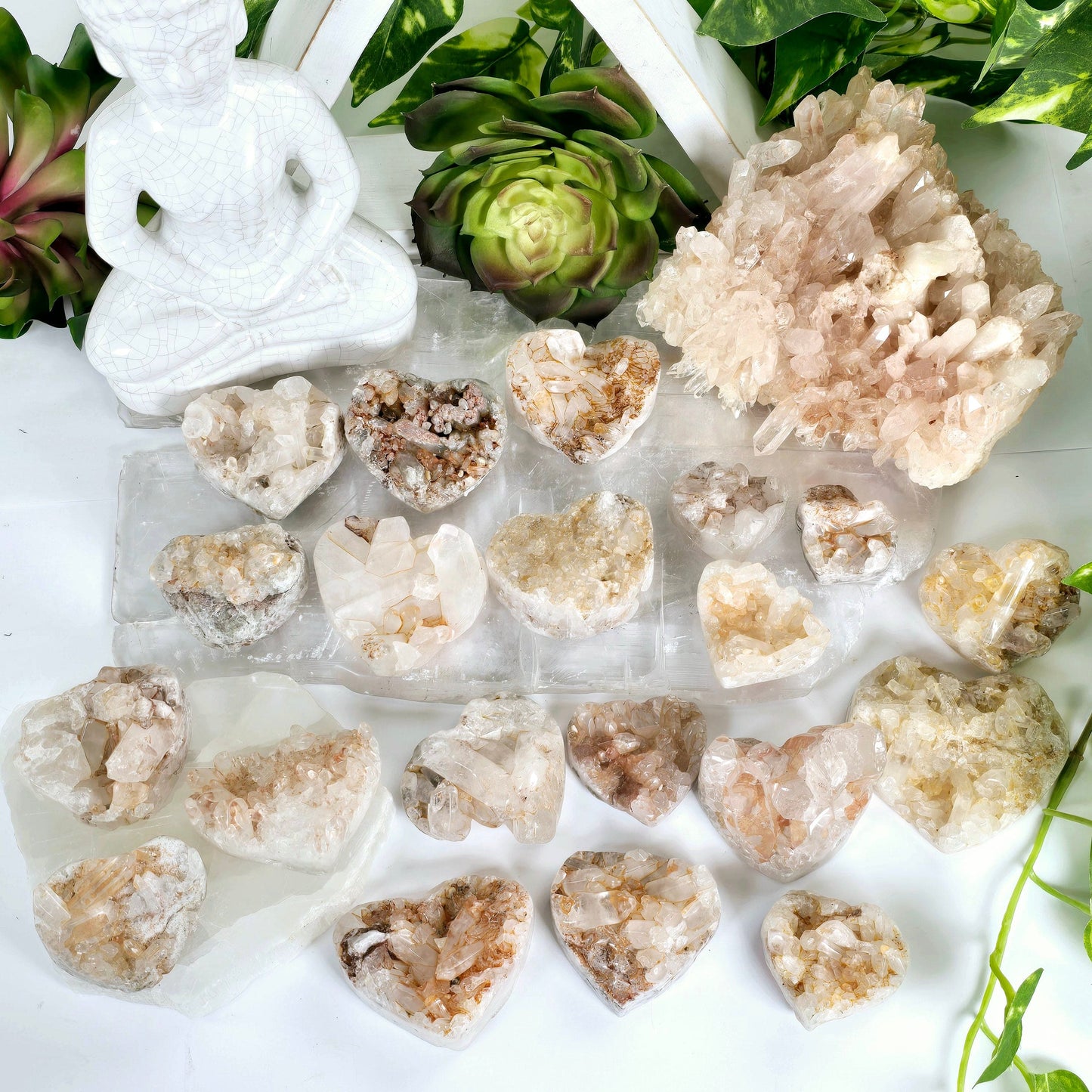Tangerine Quartz Polished Crystal Cluster Heart - You Choose #2 all variants with props and plants in the background top view