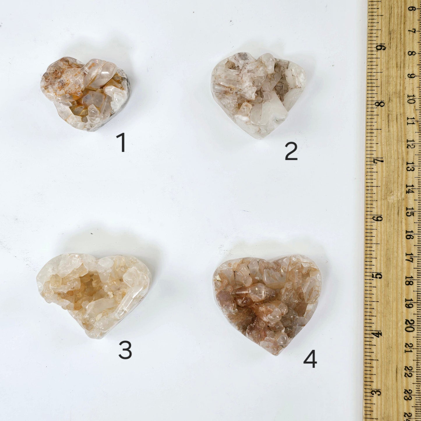 Tangerine Quartz Polished Crystal Cluster Heart - You Choose #2 variants 1, 2, 3, and 4 labeled with ruler for size reference