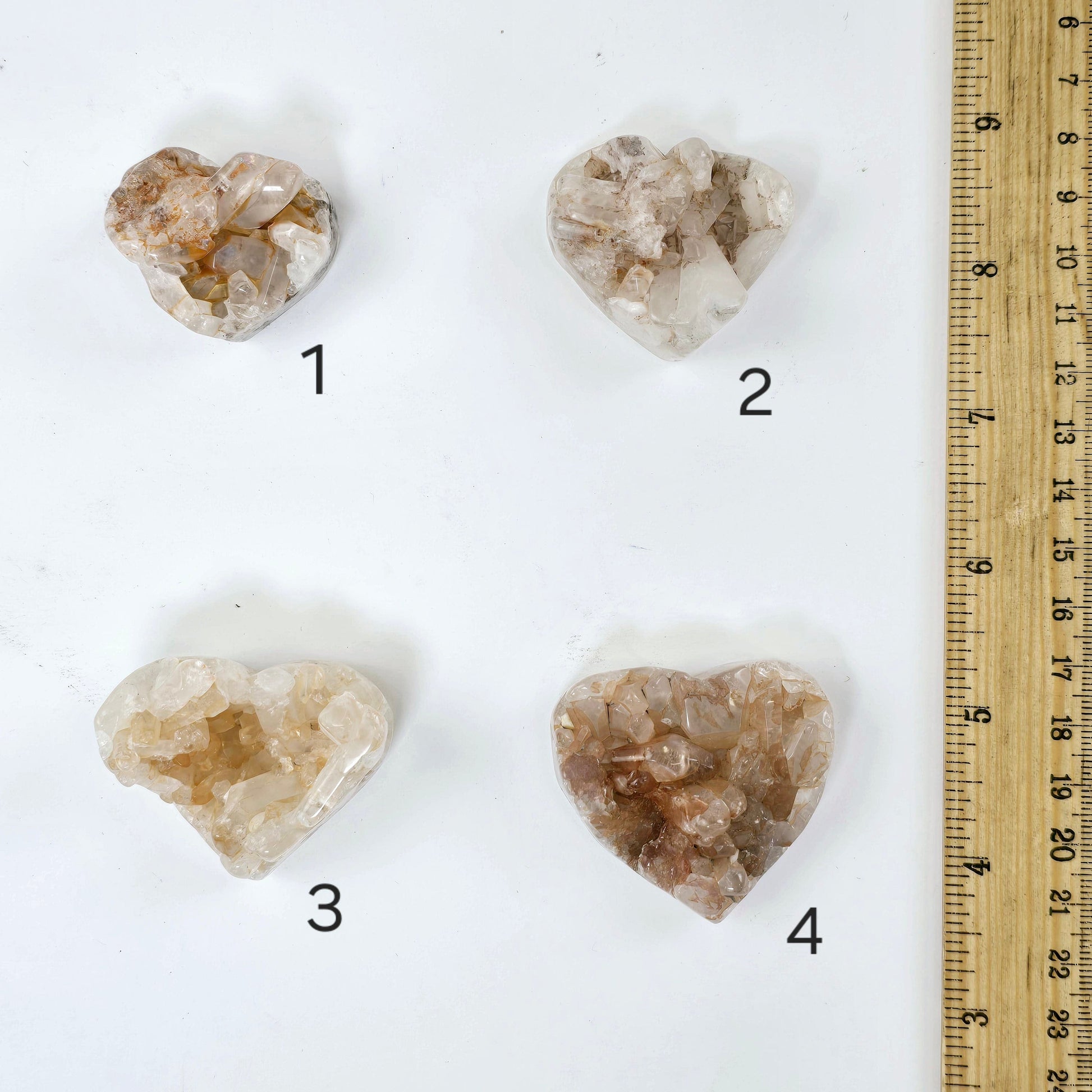Tangerine Quartz Polished Crystal Cluster Heart - You Choose #2 variants 1, 2, 3, and 4 labeled with ruler for size reference