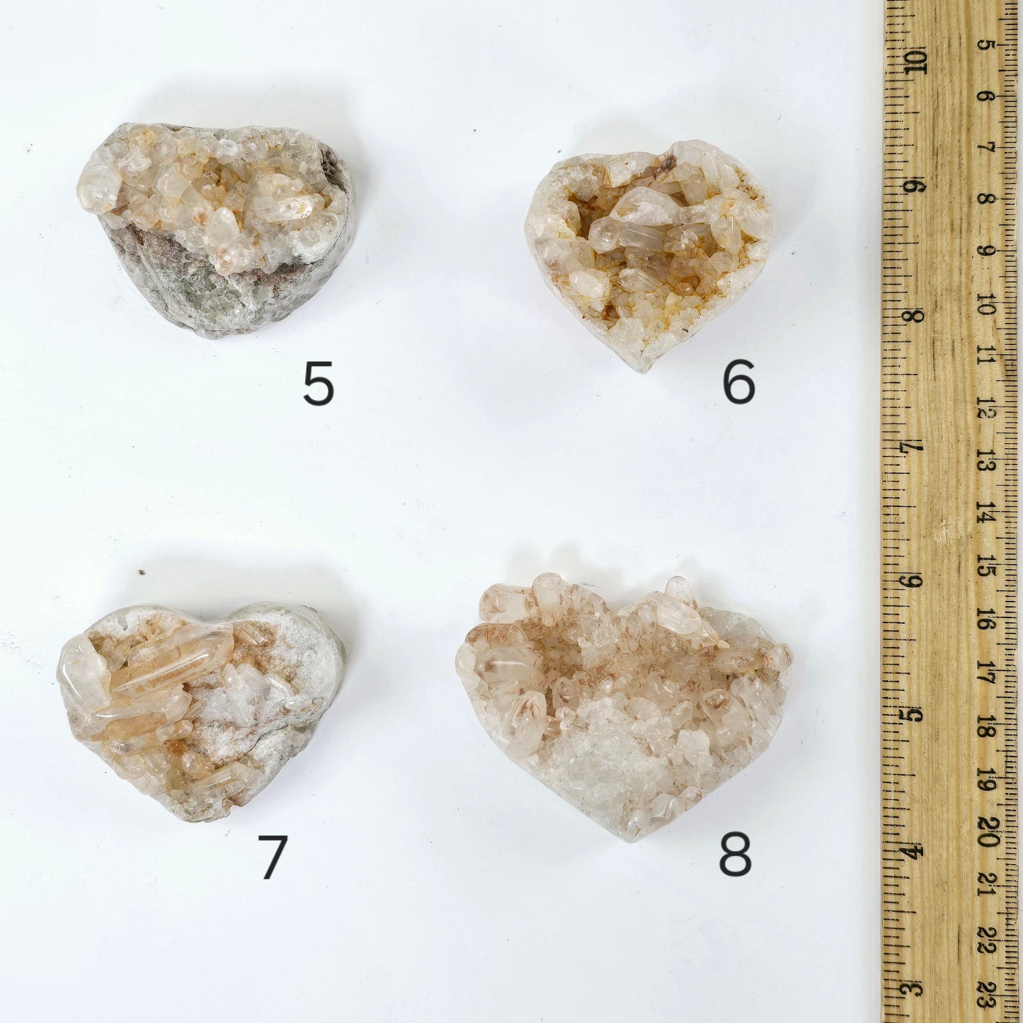 Tangerine Quartz Polished Crystal Cluster Heart - You Choose #2 variants 5, 6, 7, and 8 labeled with ruler for size reference