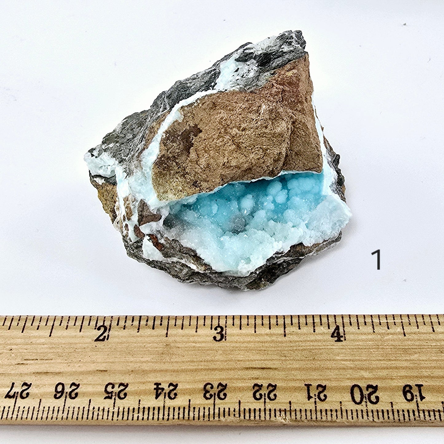 Blue Aragonite Crystal Cluster on Matrix - YOU CHOOSE #4 variant 1 labeled with ruler for size reference