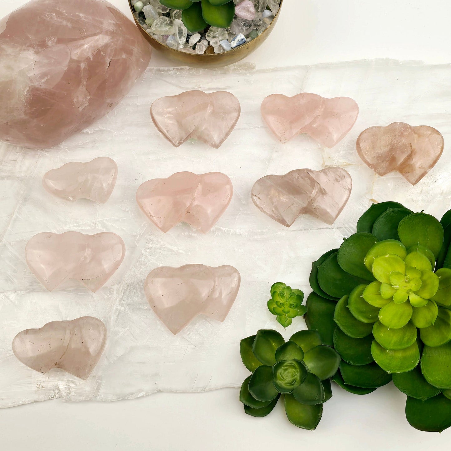 Rose Quartz Double Hearts Crystal Carving - You Choose all variants with props and plants in the background