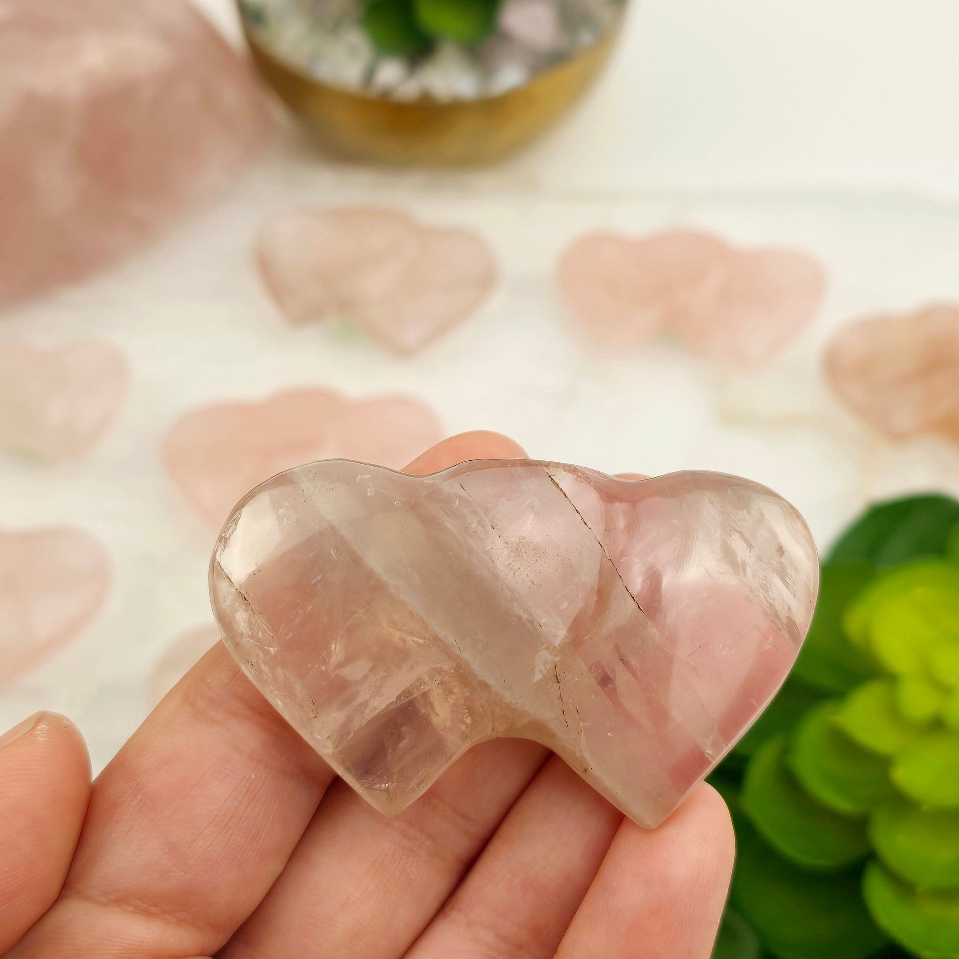 Rose Quartz Double Hearts Crystal Carving - You Choose variant 6 in hand with others in the background with props and plants