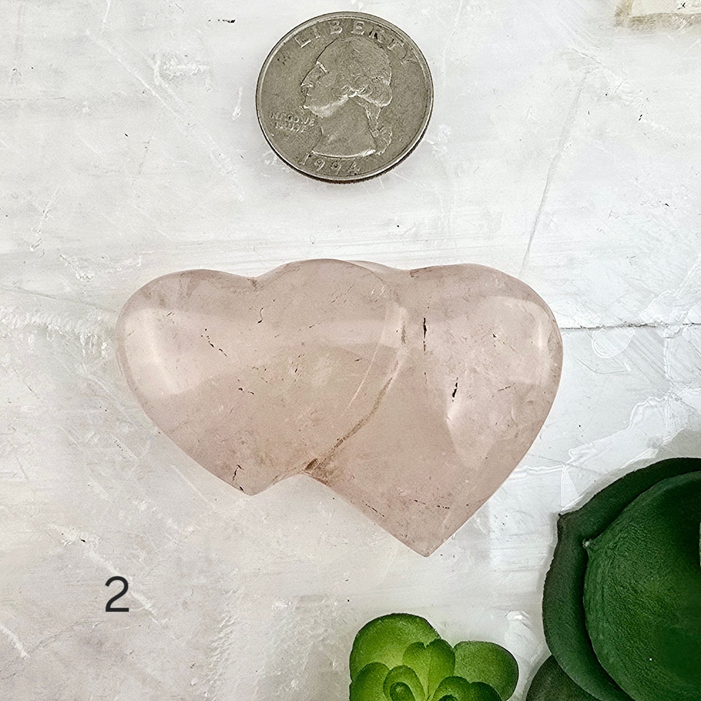 Rose Quartz Double Hearts Crystal Carving - You Choose variant 2 labeled with quarter for size reference
