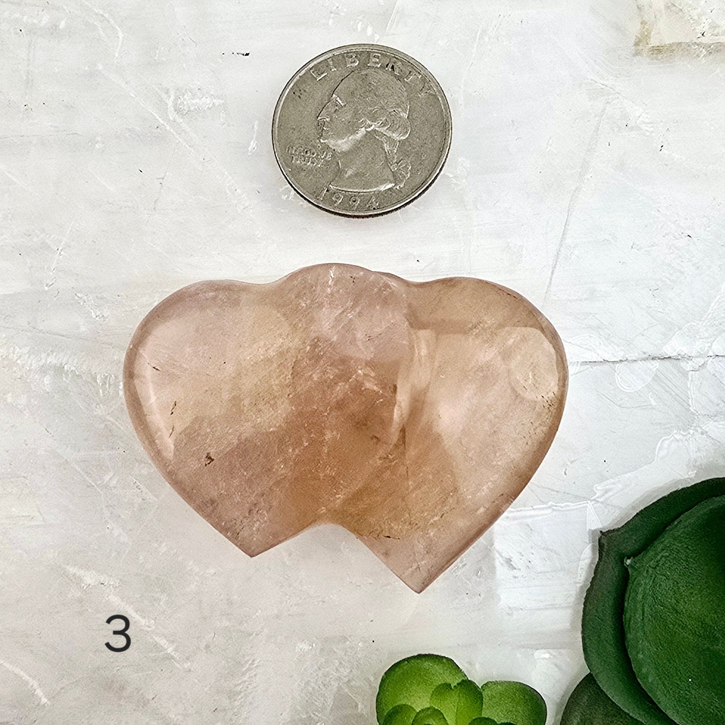 Rose Quartz Double Hearts Crystal Carving - You Choose variant 3 labeled with quarter for size reference