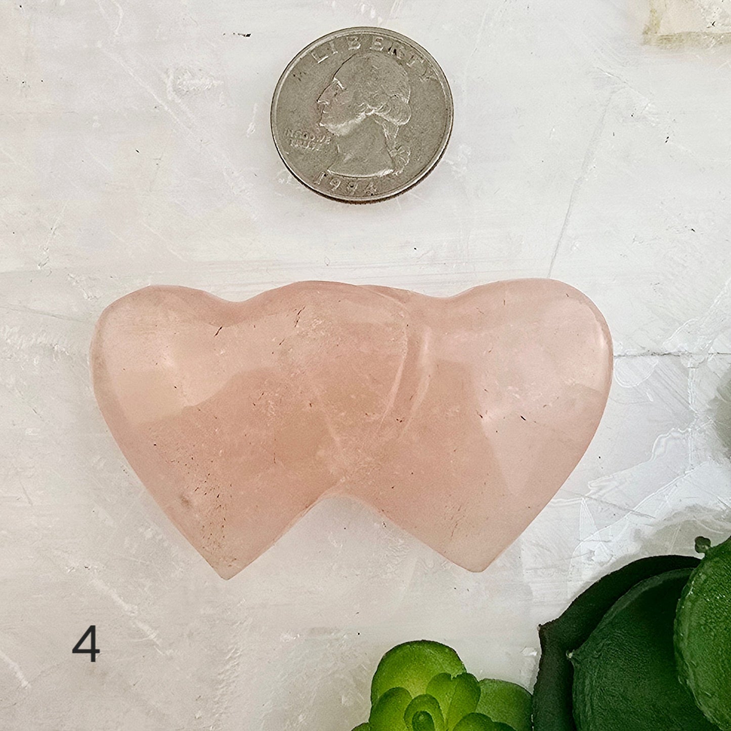 Rose Quartz Double Hearts Crystal Carving - You Choose variant 4 labeled with quarter for size reference