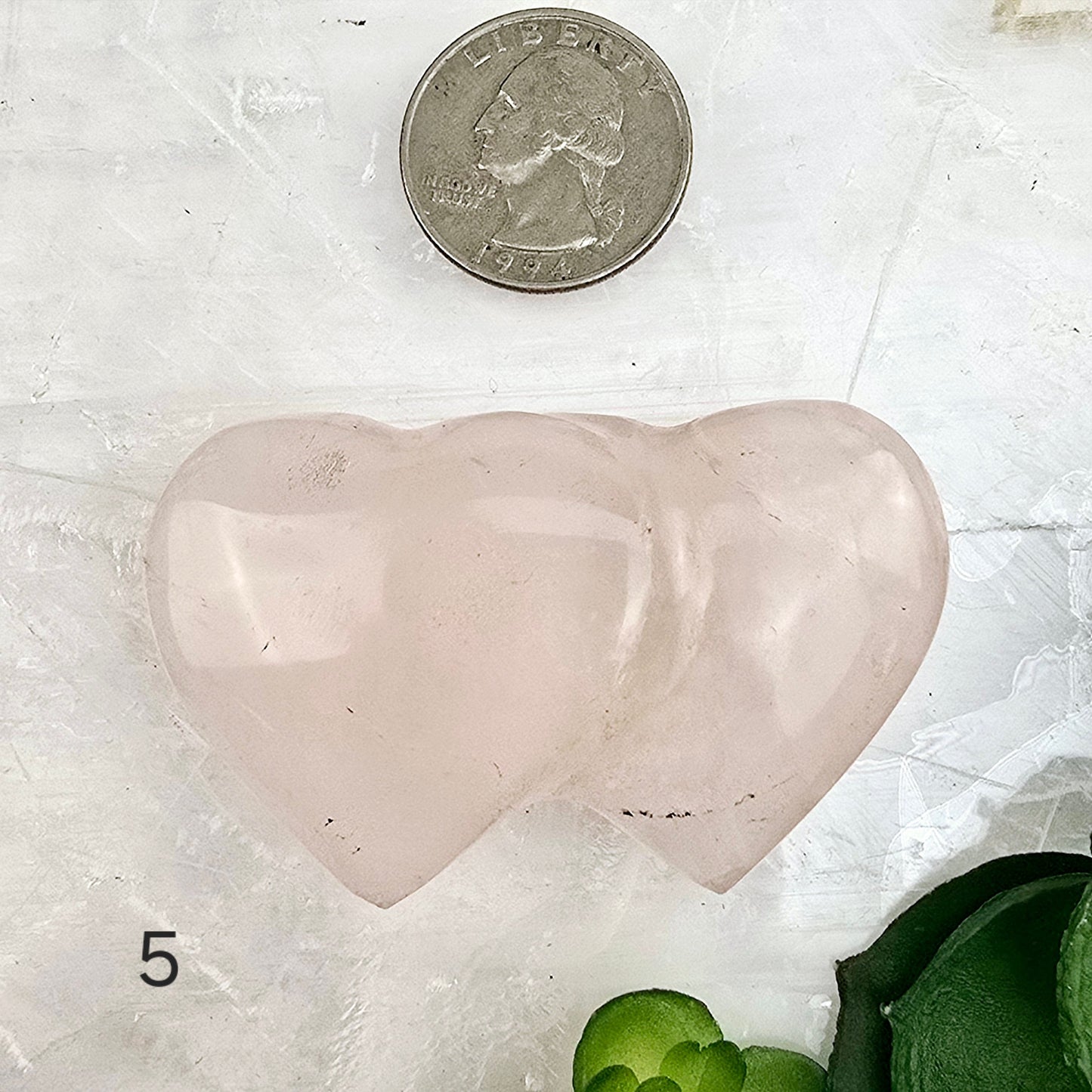 Rose Quartz Double Hearts Crystal Carving - You Choose variant 5 labeled with quarter for size reference