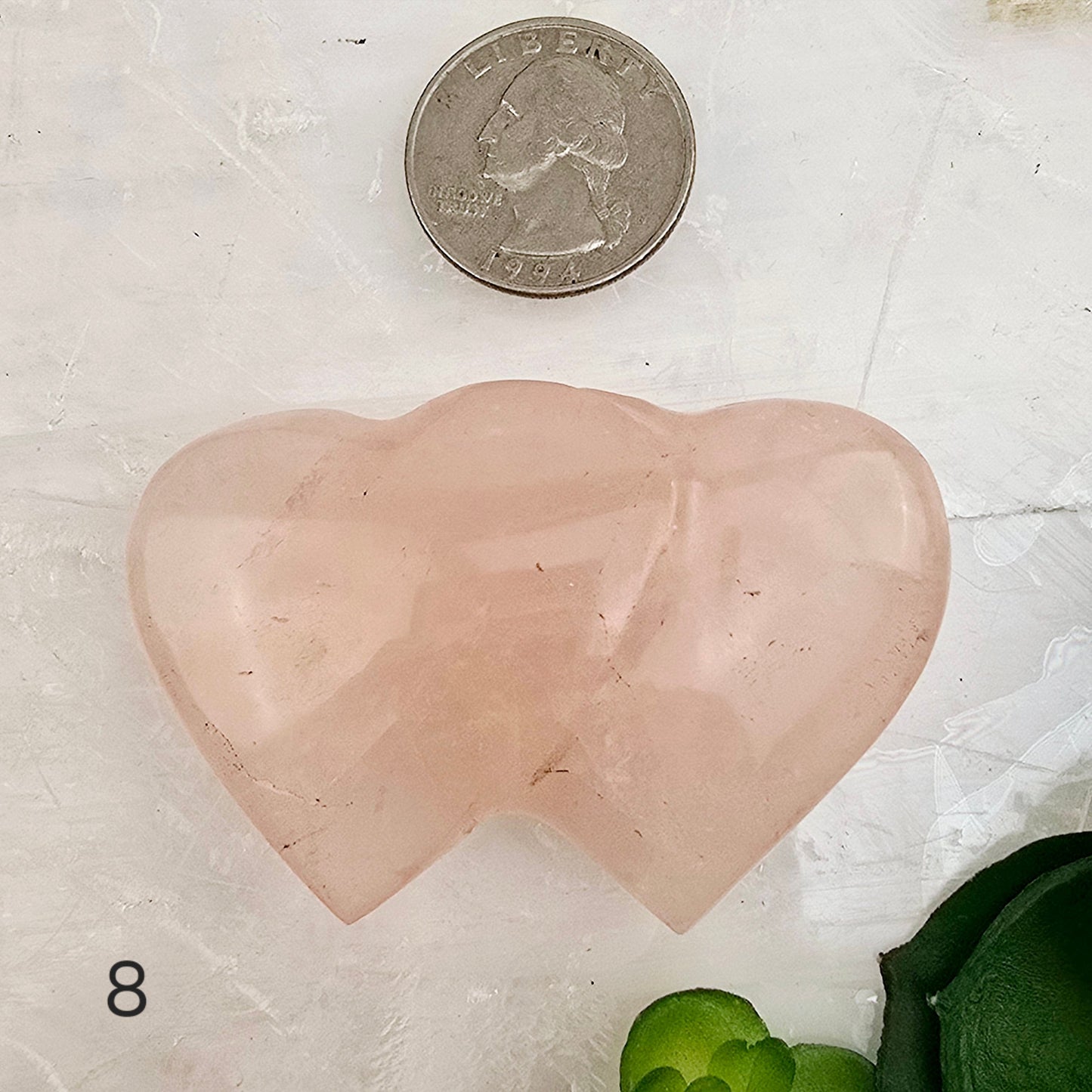 Rose Quartz Double Hearts Crystal Carving - You Choose variant 8 labeled with quarter for size reference
