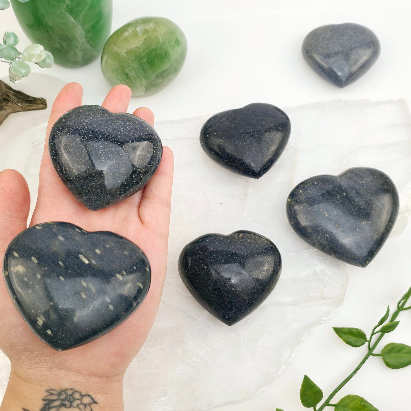 Lazulite Crystal Heart - By Weight - both variants in hand for size reference with others in the background with props and plants
