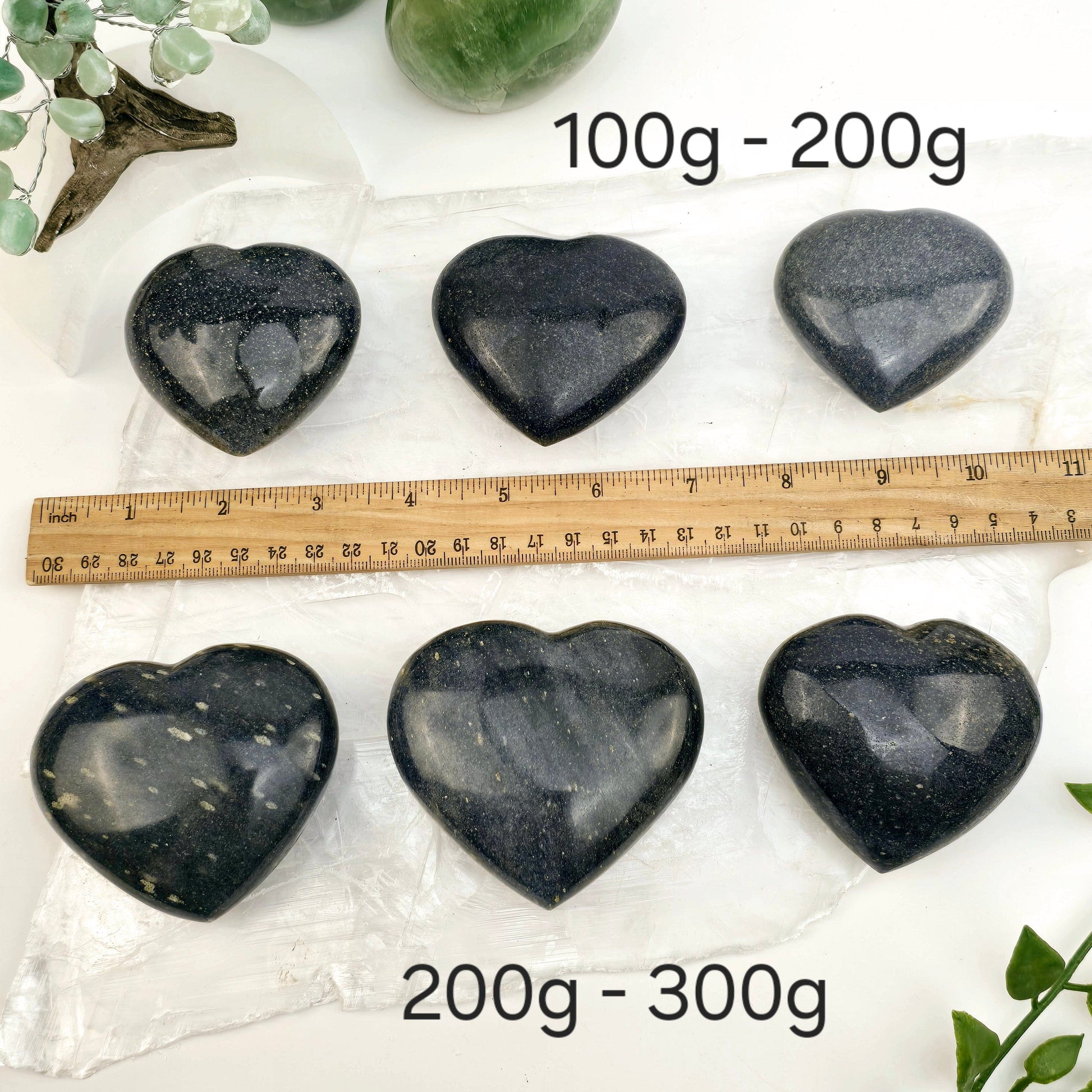 Lazulite Crystal Heart - By Weight both weight variants with ruler for size reference labeled