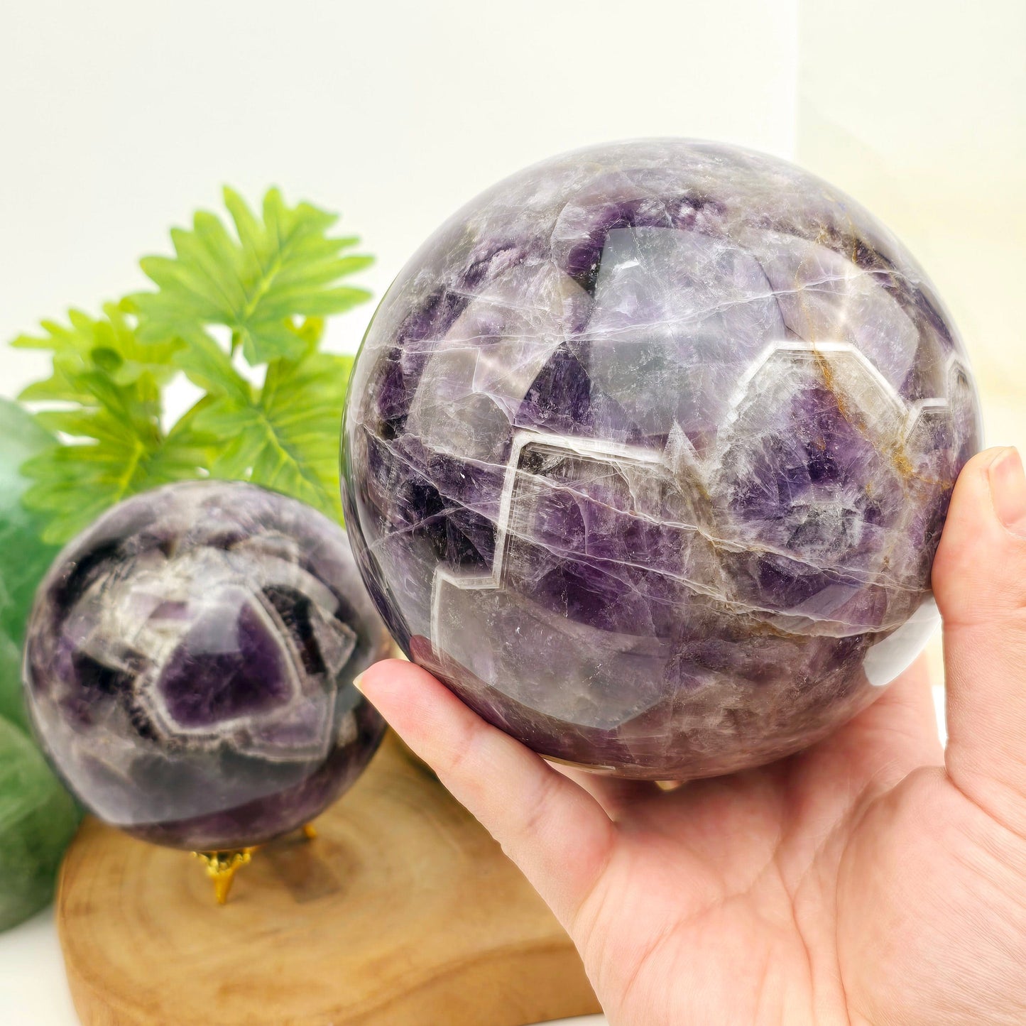 Chevron Amethyst Crystal Sphere YOU CHOOSE #1 variant 2 in hand for size reference with other one in the background with props and plants