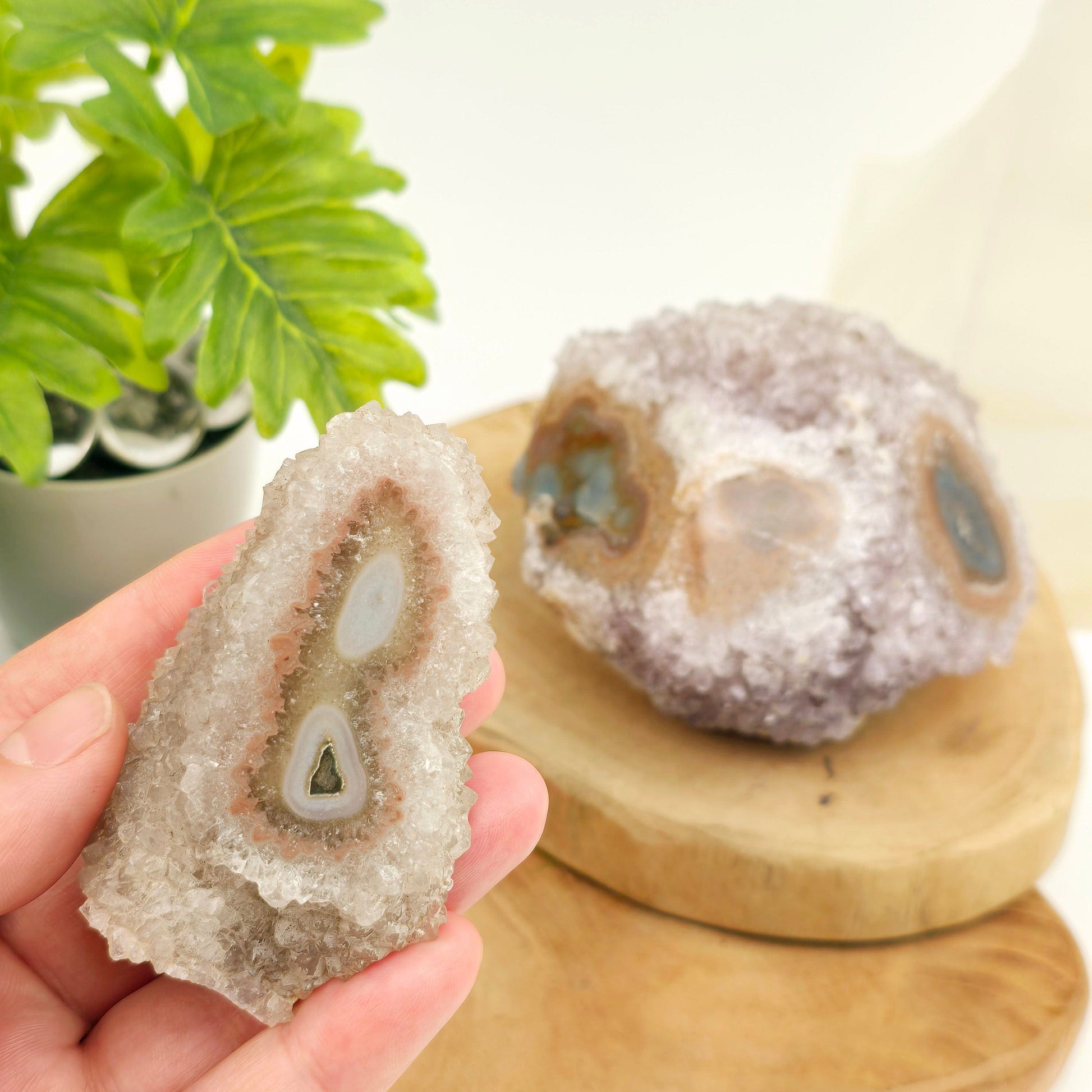Amethyst Crystal Cluster with Stalactites Freeform - You Choose variant 1 in hand for size reference with other one in the background with props and plants
