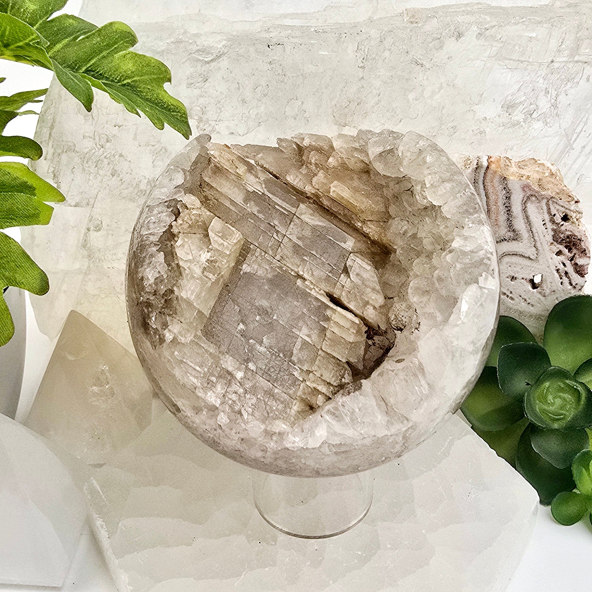 Crystal Quartz Cluster with Calcite Sphere - One-of-a-Kind side view