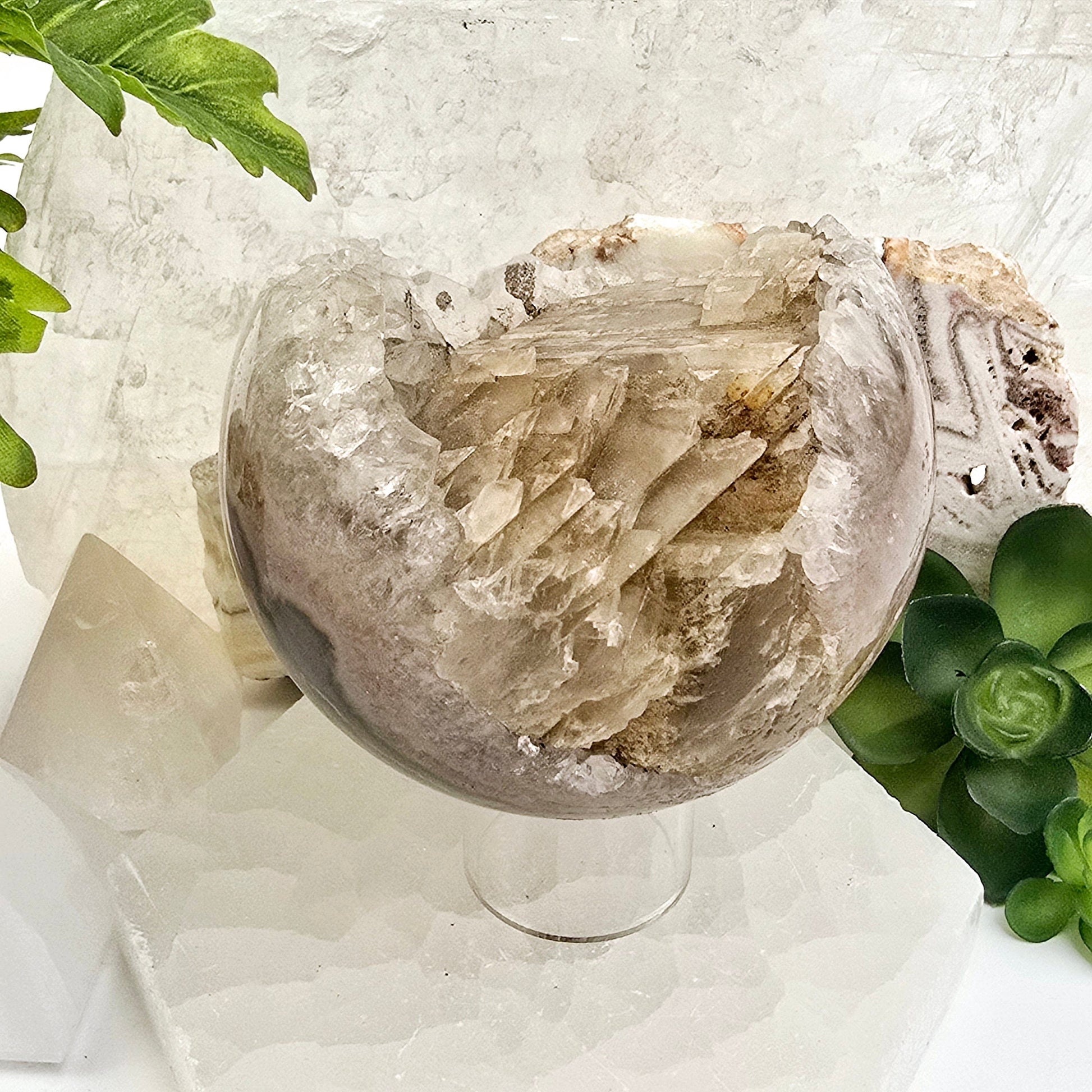 Crystal Quartz Cluster with Calcite Sphere - One-of-a-Kind side view