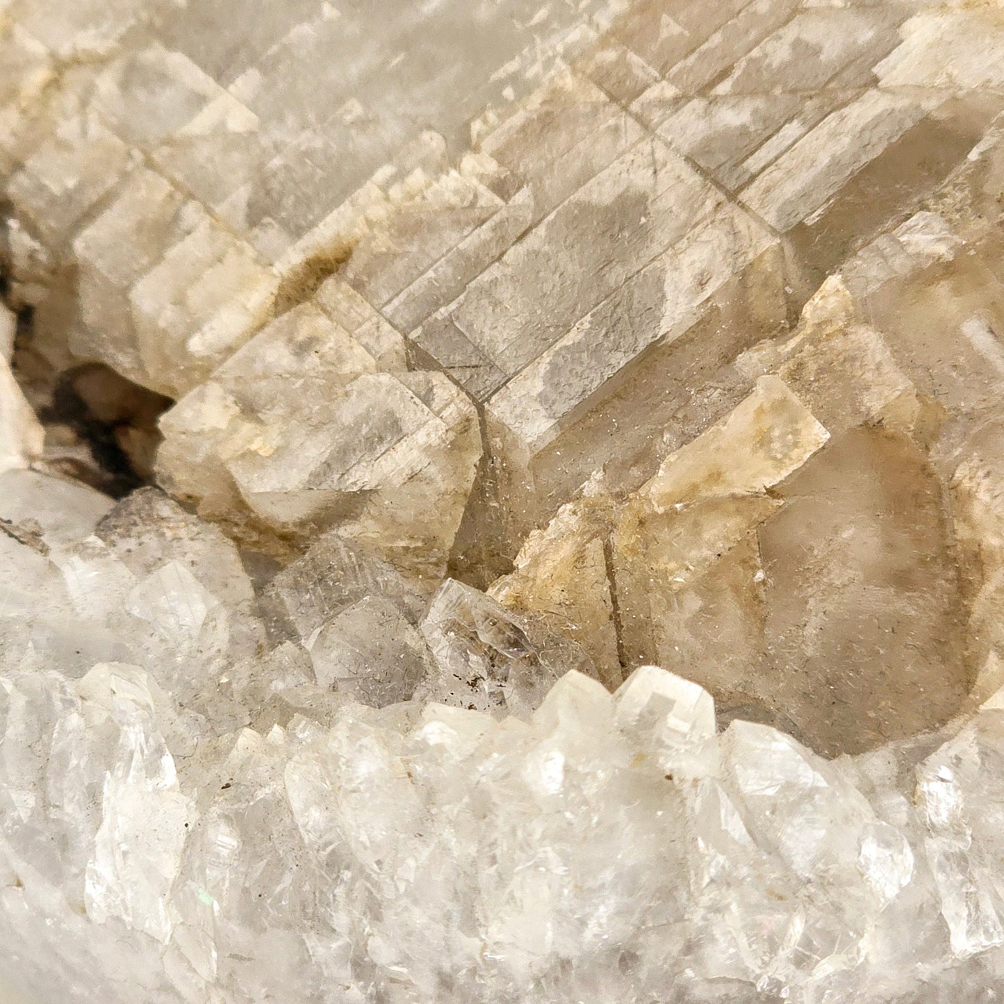 Crystal Quartz Cluster with Calcite Sphere - One-of-a-Kind closeup for detail