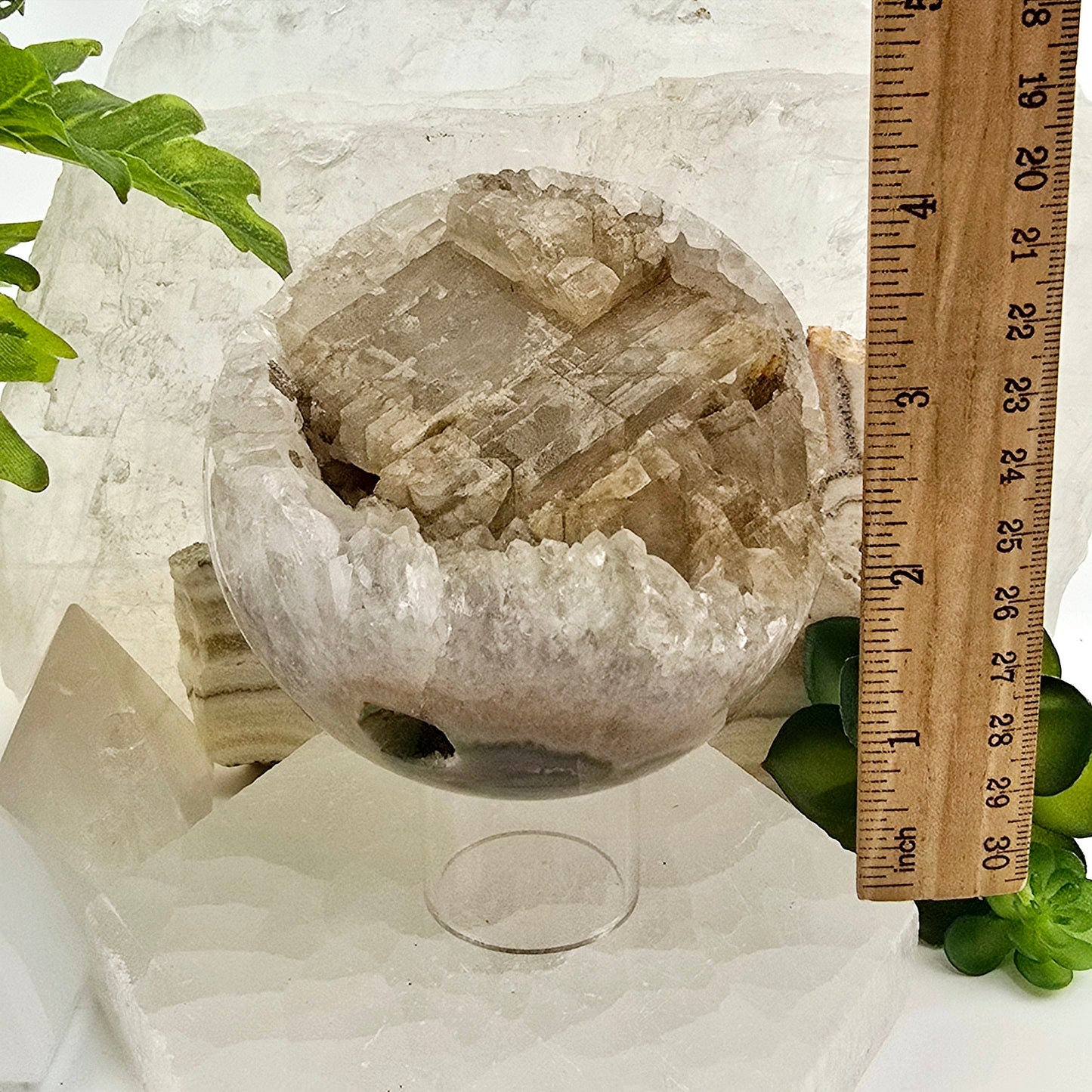 Crystal Quartz Cluster with Calcite Sphere - One-of-a-Kind with ruler for size reference