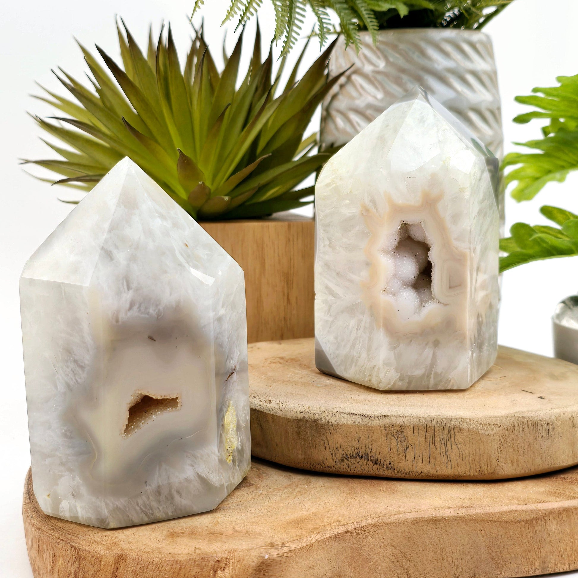 Agate Druzy Geode Polished Crystal Point - You Choose #2 both variants on wooden platters with props and plants in the background