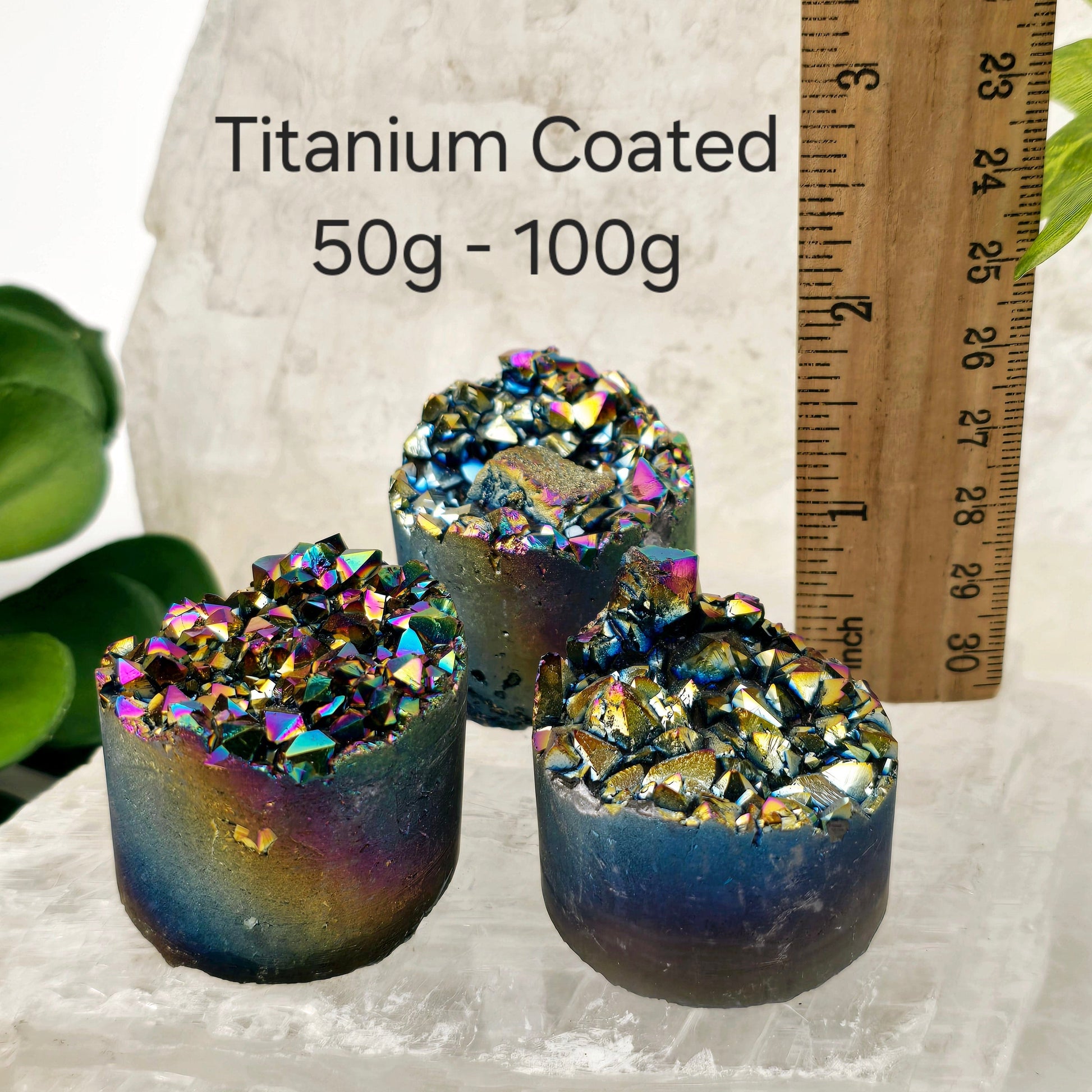 Amethyst Crystal Cluster Cylinder - Titanium Coated or Angel Aura - By Weight - You Choose Finish titanium coated 50g - 100g variant labeled with ruler for size reference