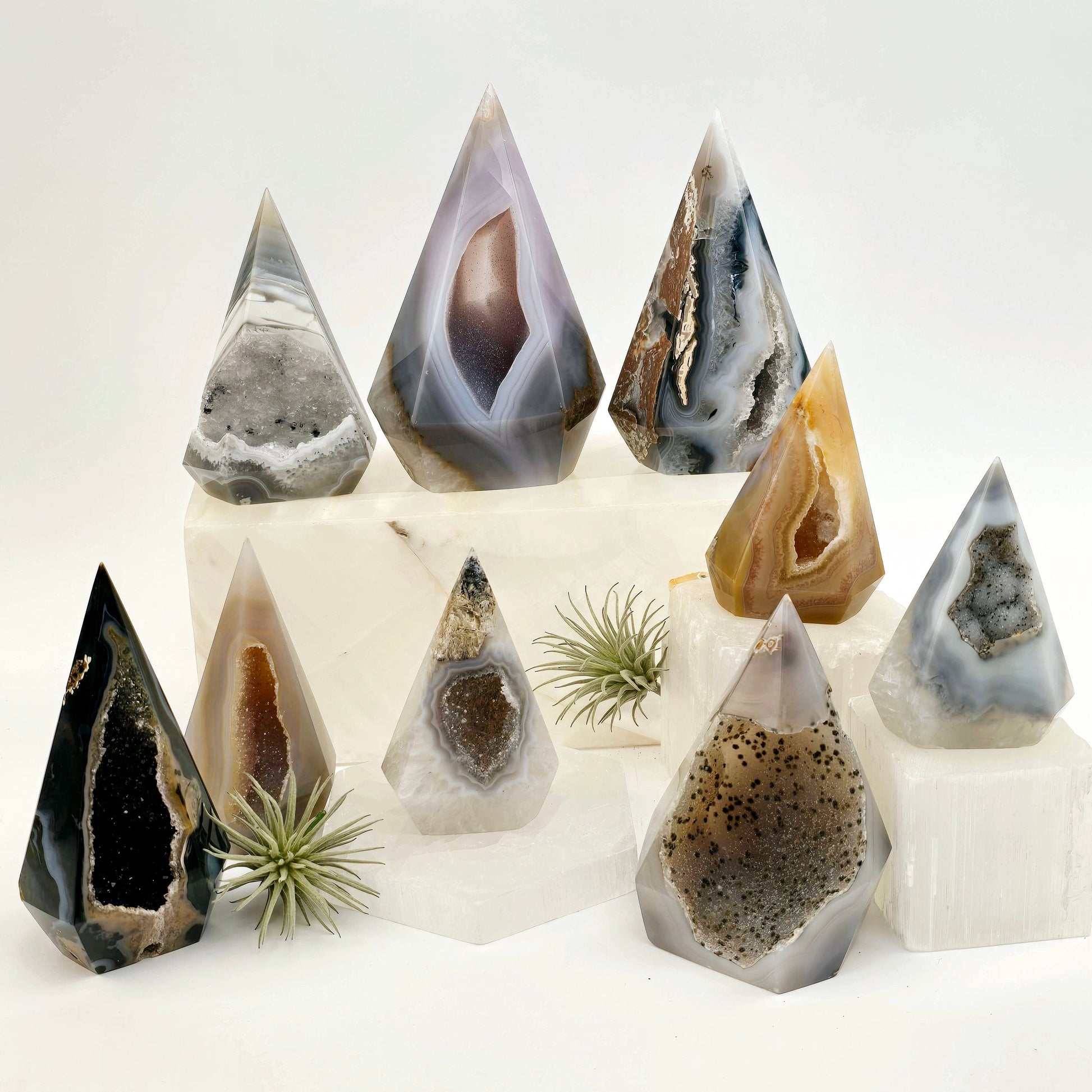 Agate Druzy Geode Long Wide Crystal Point Cut Base - You Choose #1 all variants with props and plants