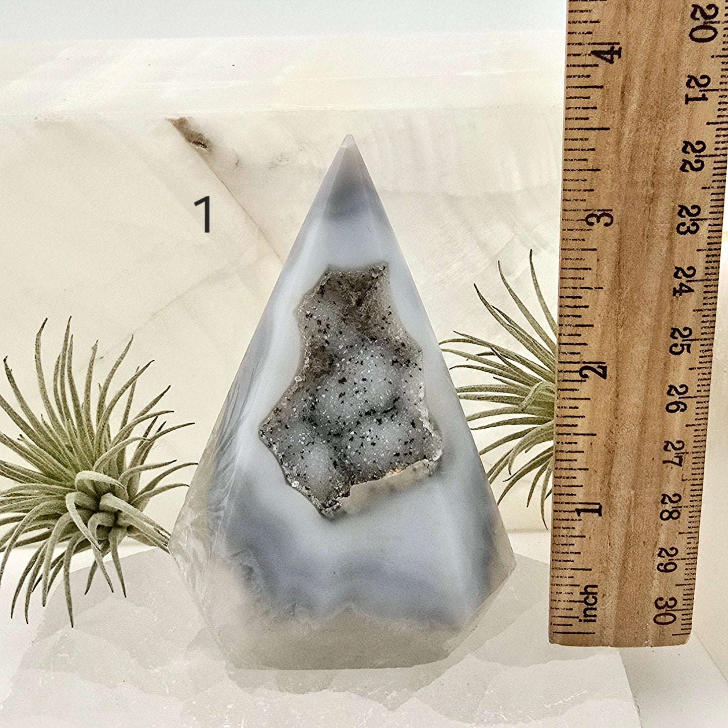 Agate Druzy Geode Long Wide Crystal Point Cut Base - You Choose #1 variant 1 labeled with ruler for size reference