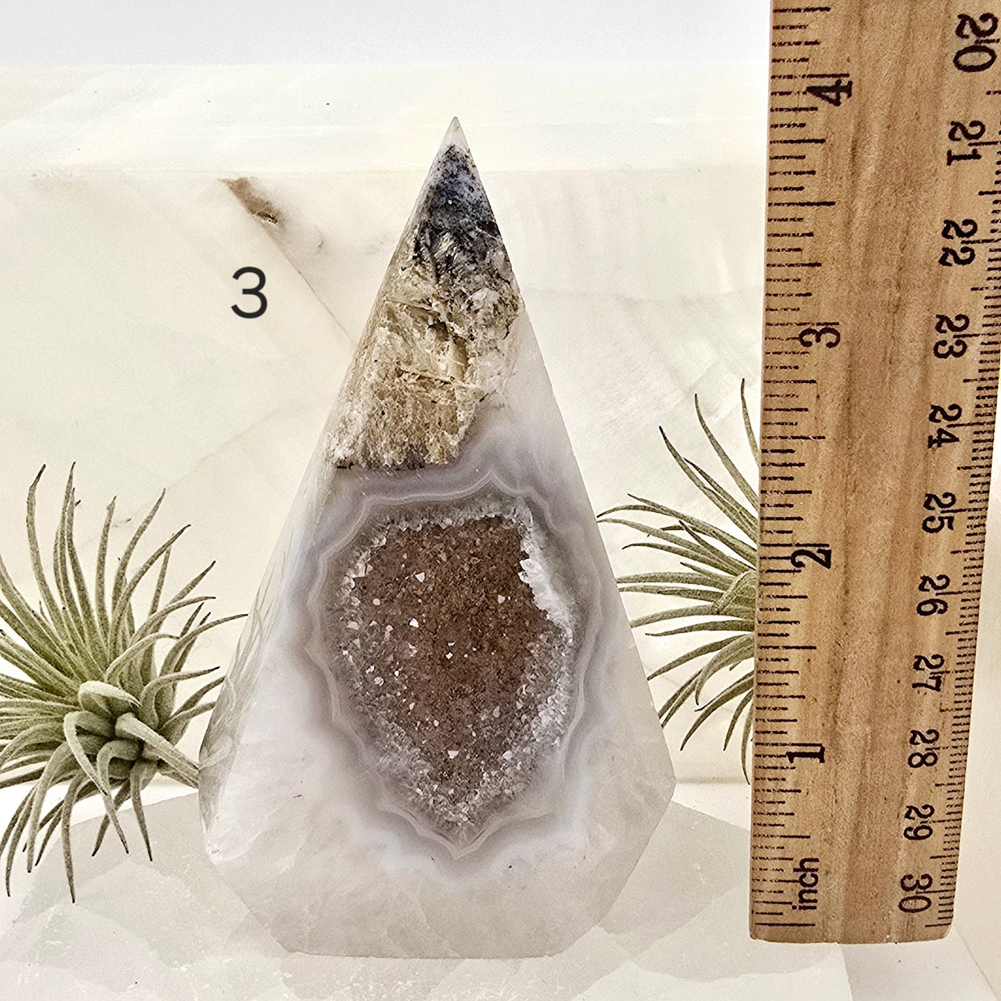 Agate Druzy Geode Long Wide Crystal Point Cut Base - You Choose #1 variant 3 labeled with ruler for size reference