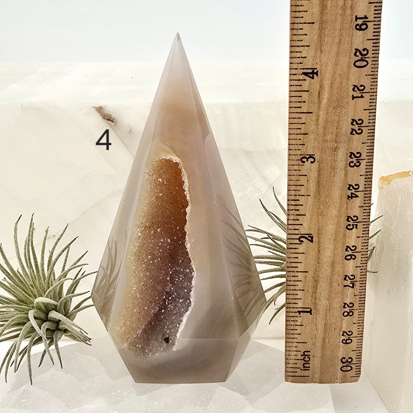 Agate Druzy Geode Long Wide Crystal Point Cut Base - You Choose #1 variant 4 labeled with ruler for size reference