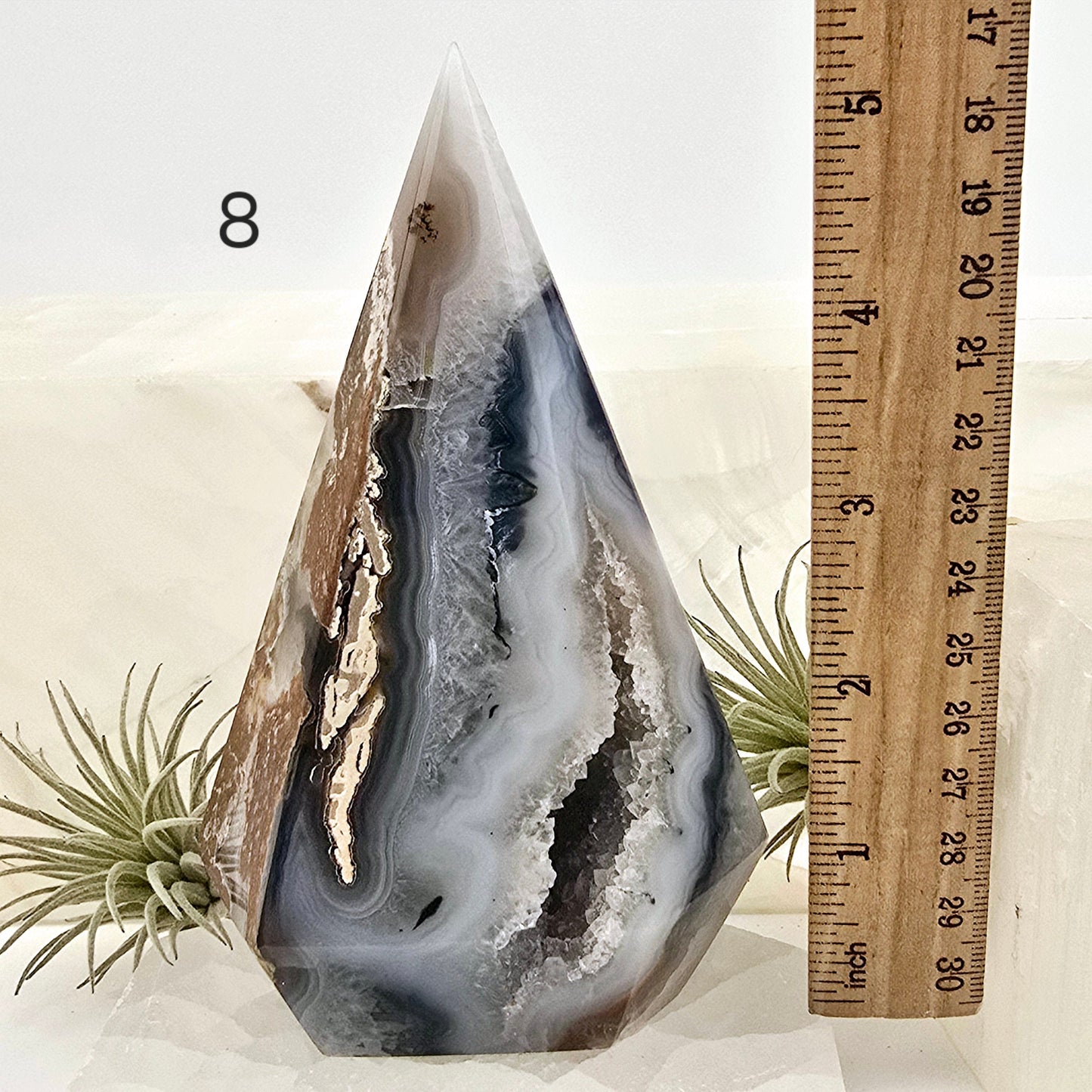 Agate Druzy Geode Long Wide Crystal Point Cut Base - You Choose #1 variant 8 labeled with ruler for size reference