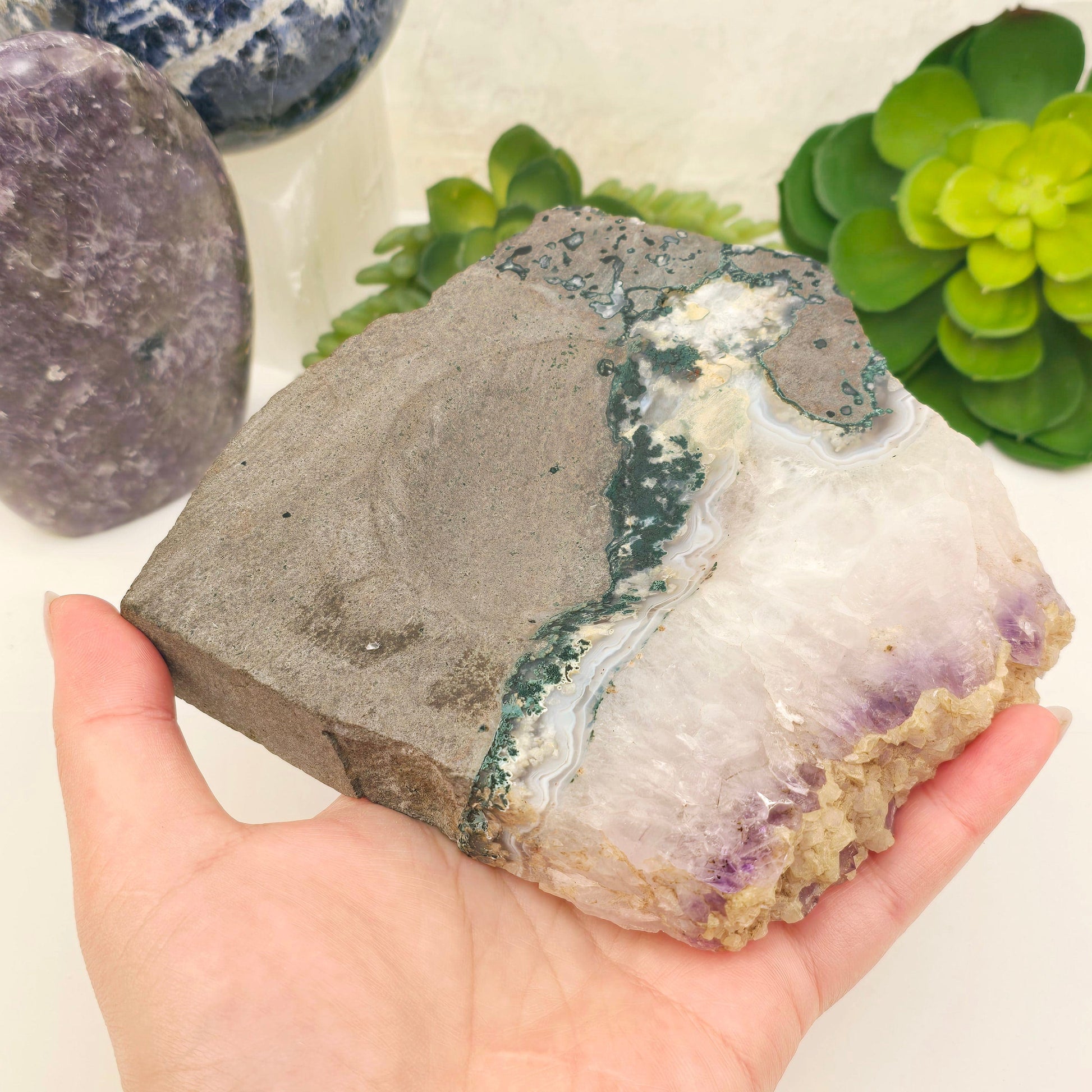 Amethyst and Calcite on Matrix Semi Polished Crystal Bowl #1 in hand for size reference
