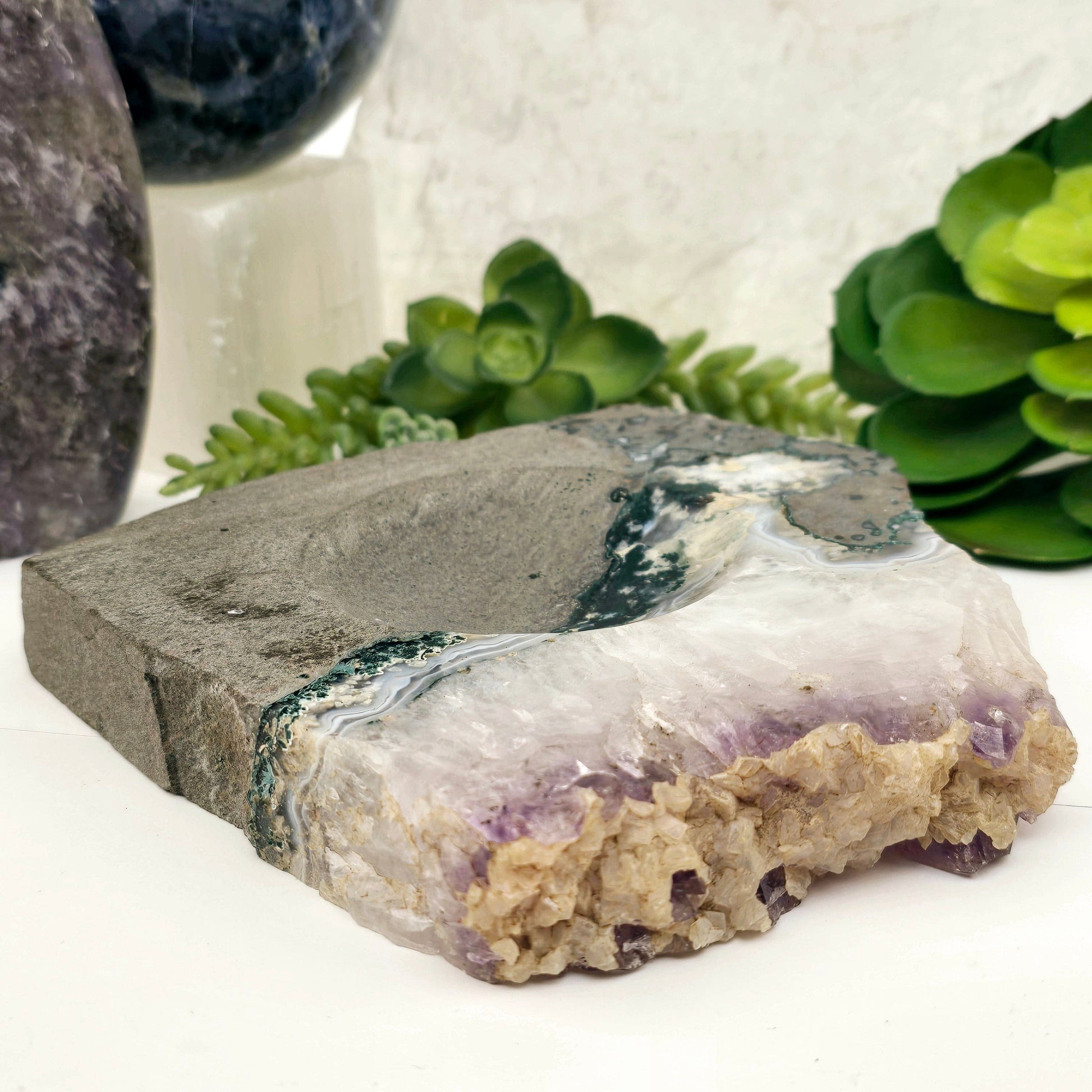 Amethyst and Calcite on Matrix Semi Polished Crystal Bowl #1 side view