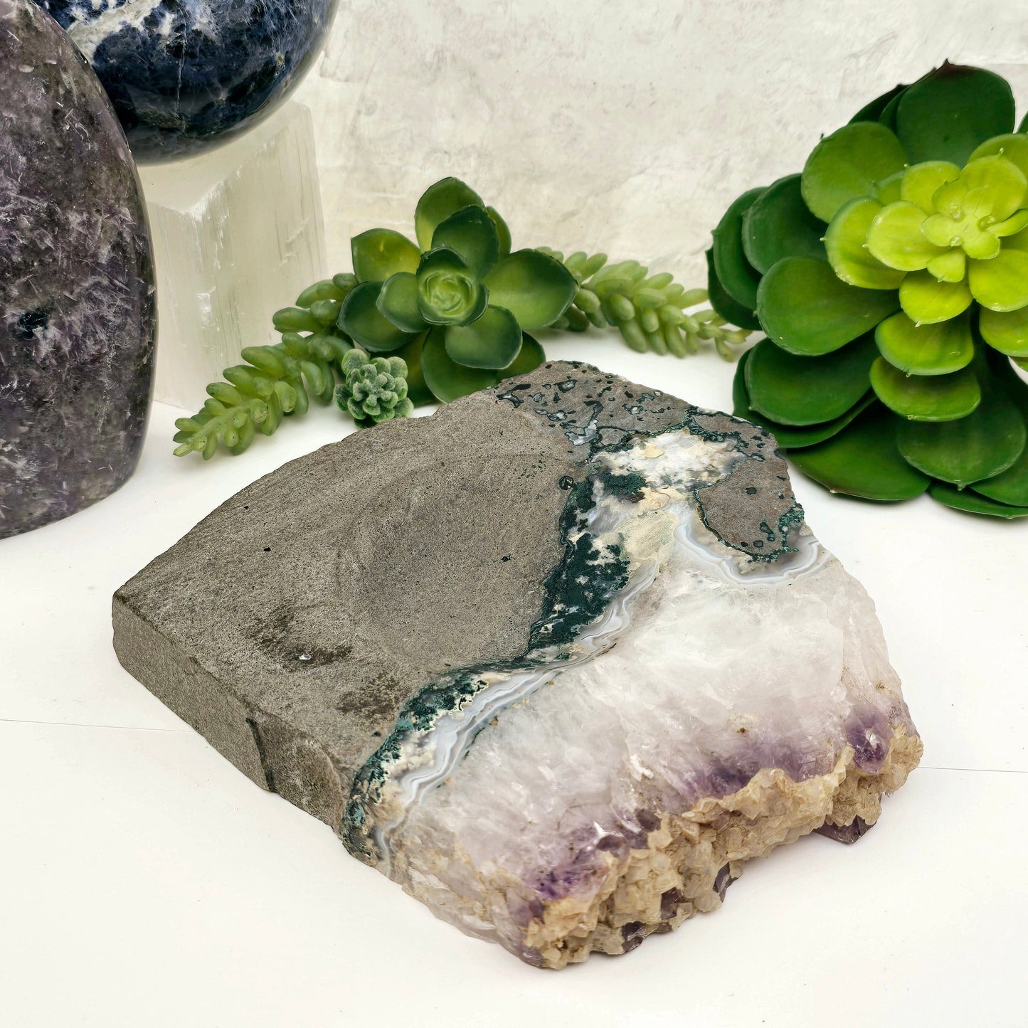Amethyst and Calcite on Matrix Semi Polished Crystal Bowl #1 front view