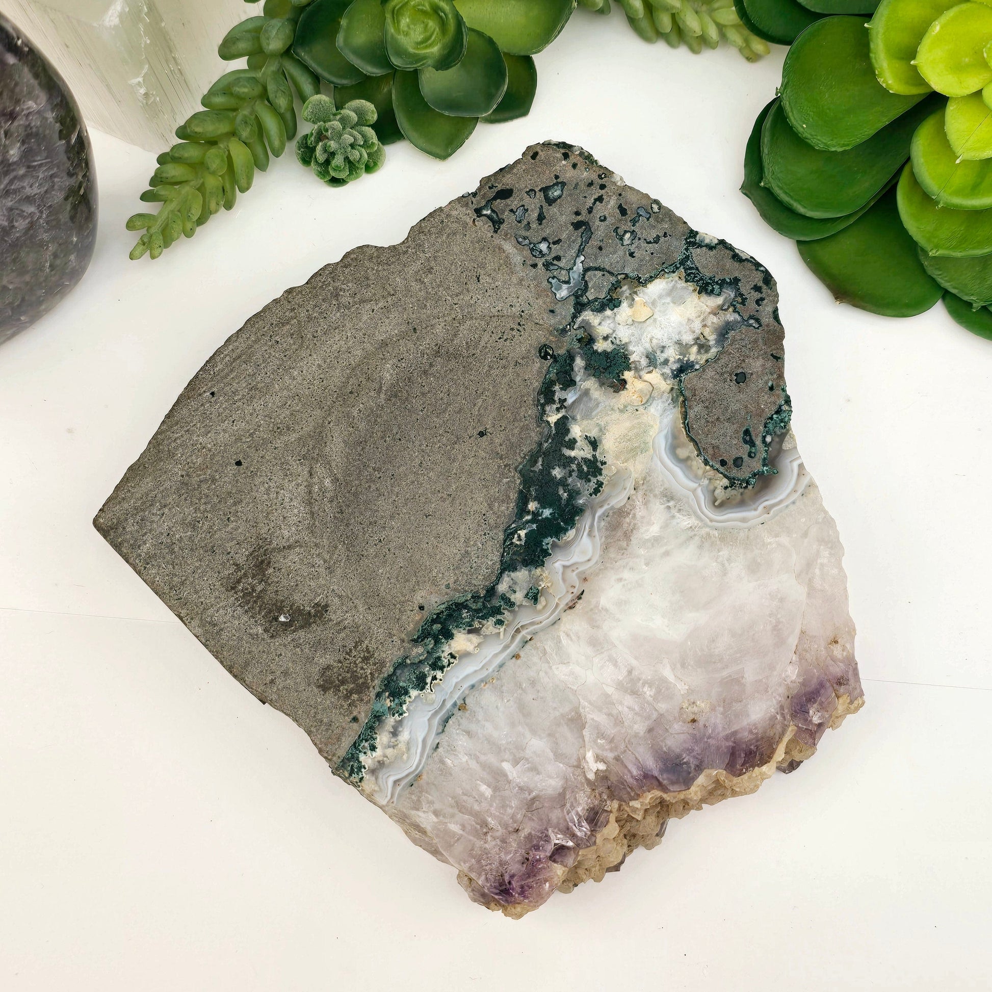Amethyst and Calcite on Matrix Semi Polished Crystal Bowl #1 top view