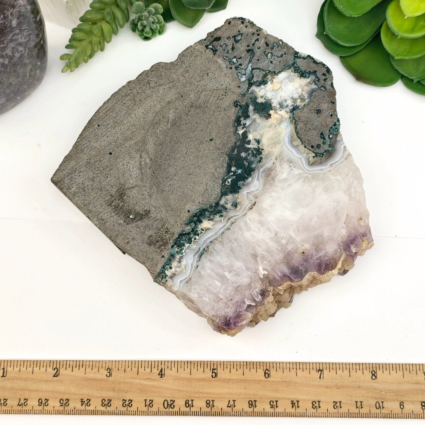 Amethyst and Calcite on Matrix Semi Polished Crystal Bowl #1 top view with ruler for size reference