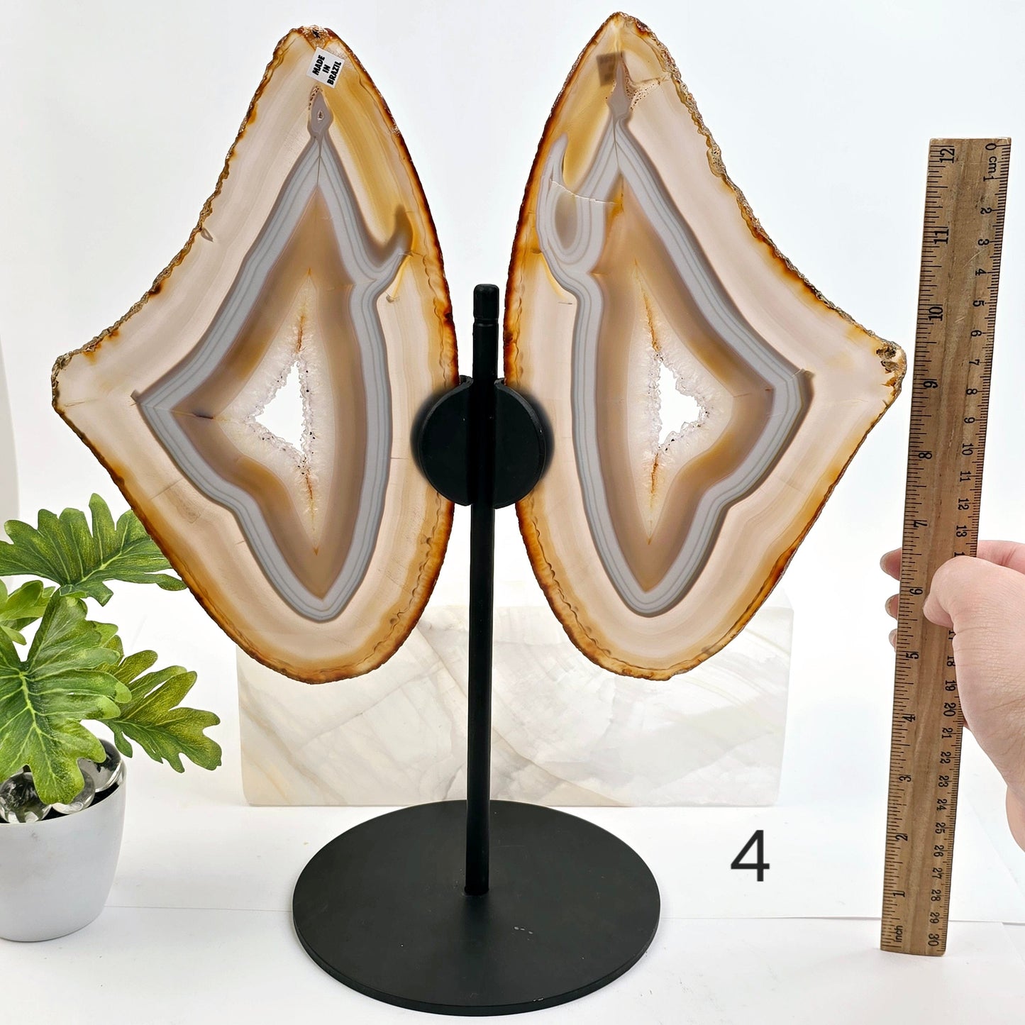 Agate Butterfly Wings - Crystal Slices Pair on Metal Stand - You Choose #2 variant 4 labeled with ruler for size reference 