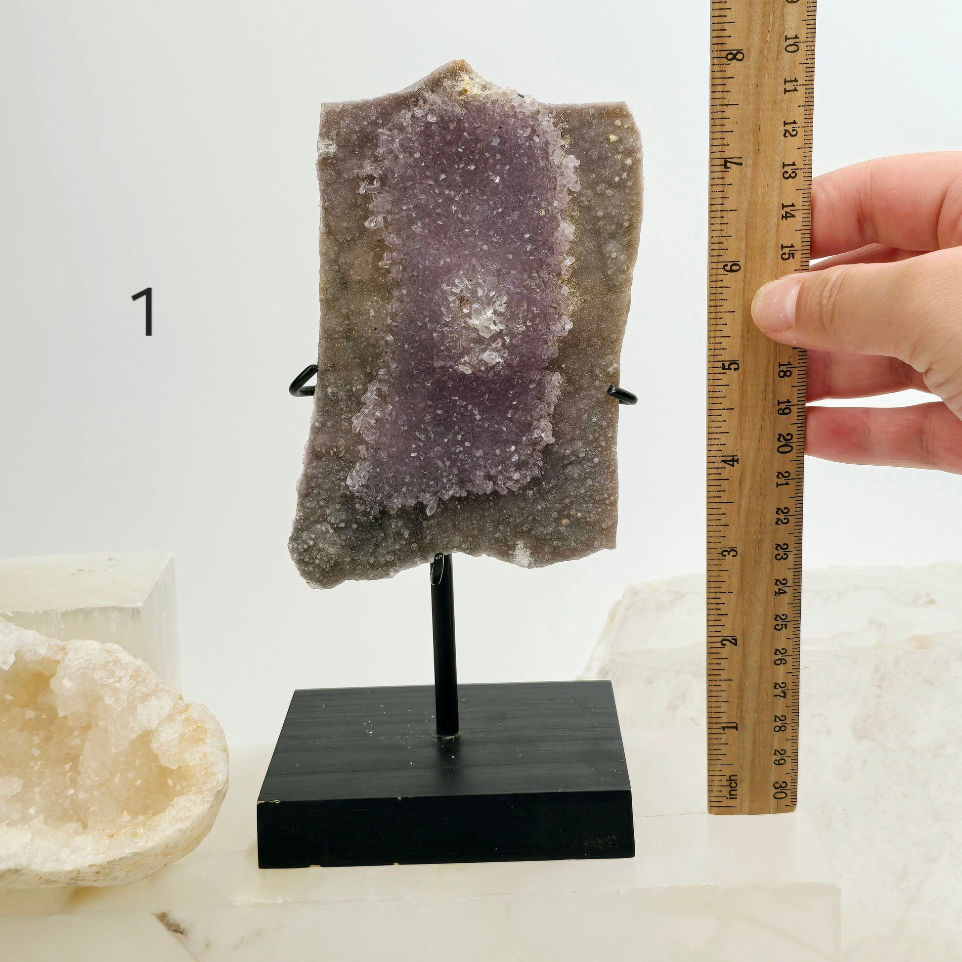 Amethyst Crystal Flower Cluster on Wooden Stand - You Choose #1 variant 1 labeled with hand and ruler for size reference
