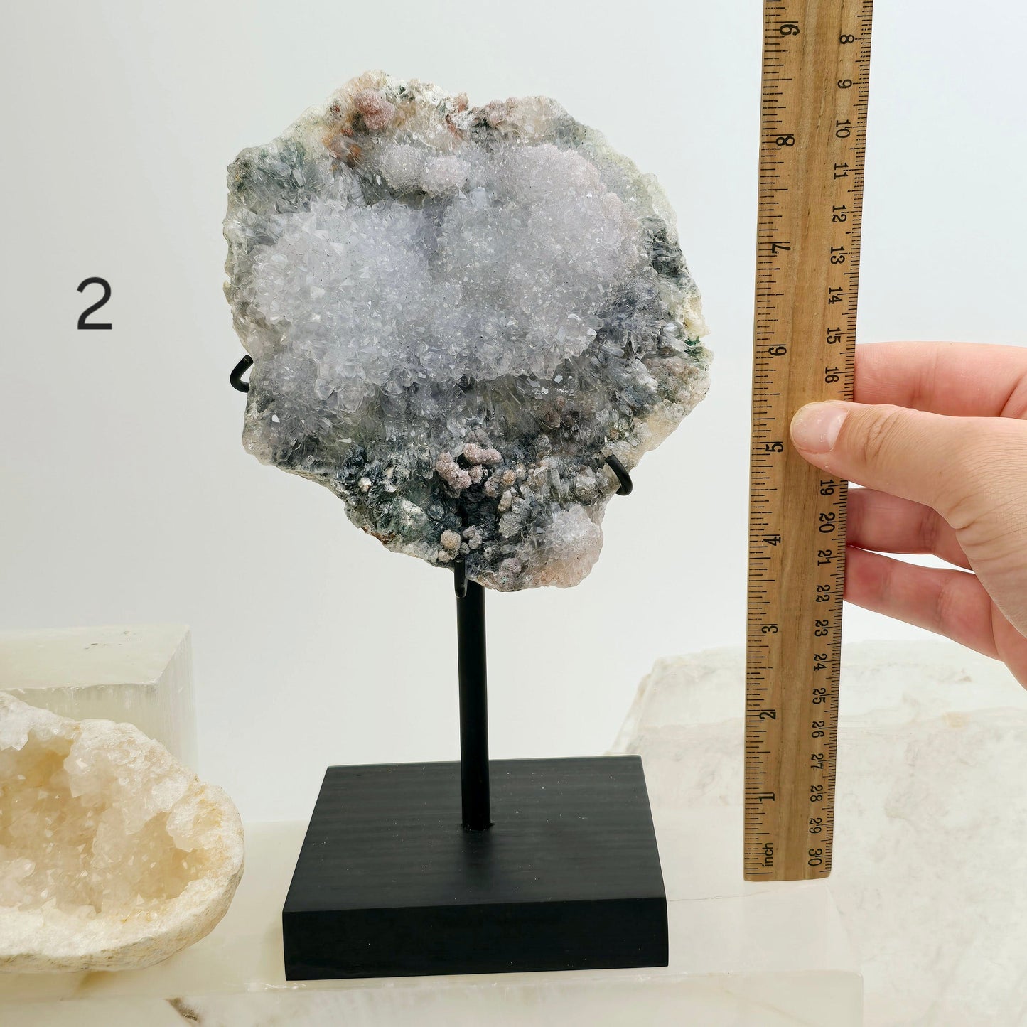 Amethyst Crystal Flower Cluster on Wooden Stand - You Choose #1 variant 2 labeled with hand and ruler for size reference