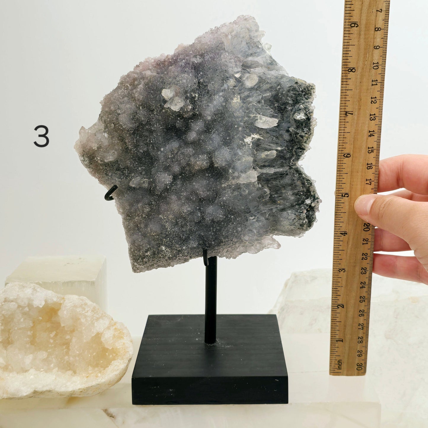 Amethyst Crystal Flower Cluster on Wooden Stand - You Choose #1 variant 3 labeled with hand and ruler for size reference