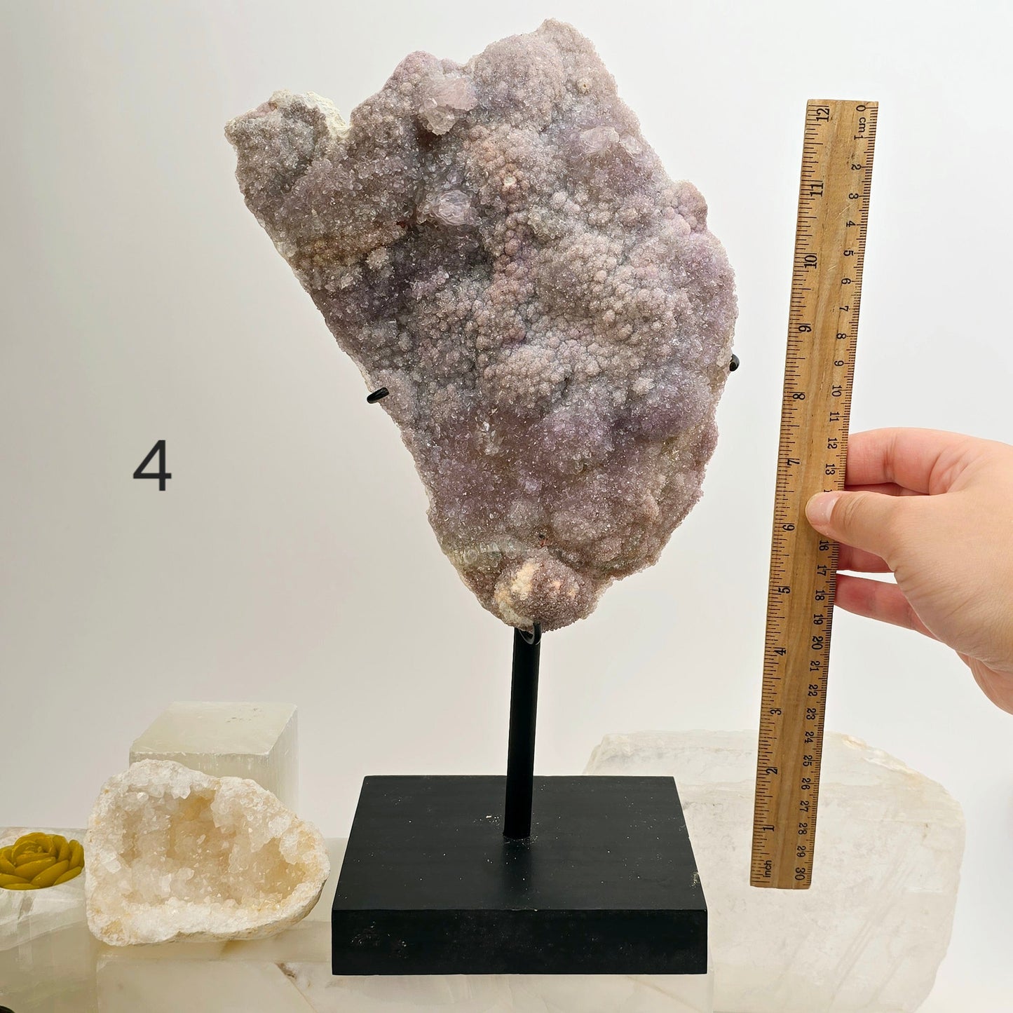 Amethyst Crystal Flower Cluster on Wooden Stand - You Choose #1 variant 4 labeled with hand and ruler for size reference