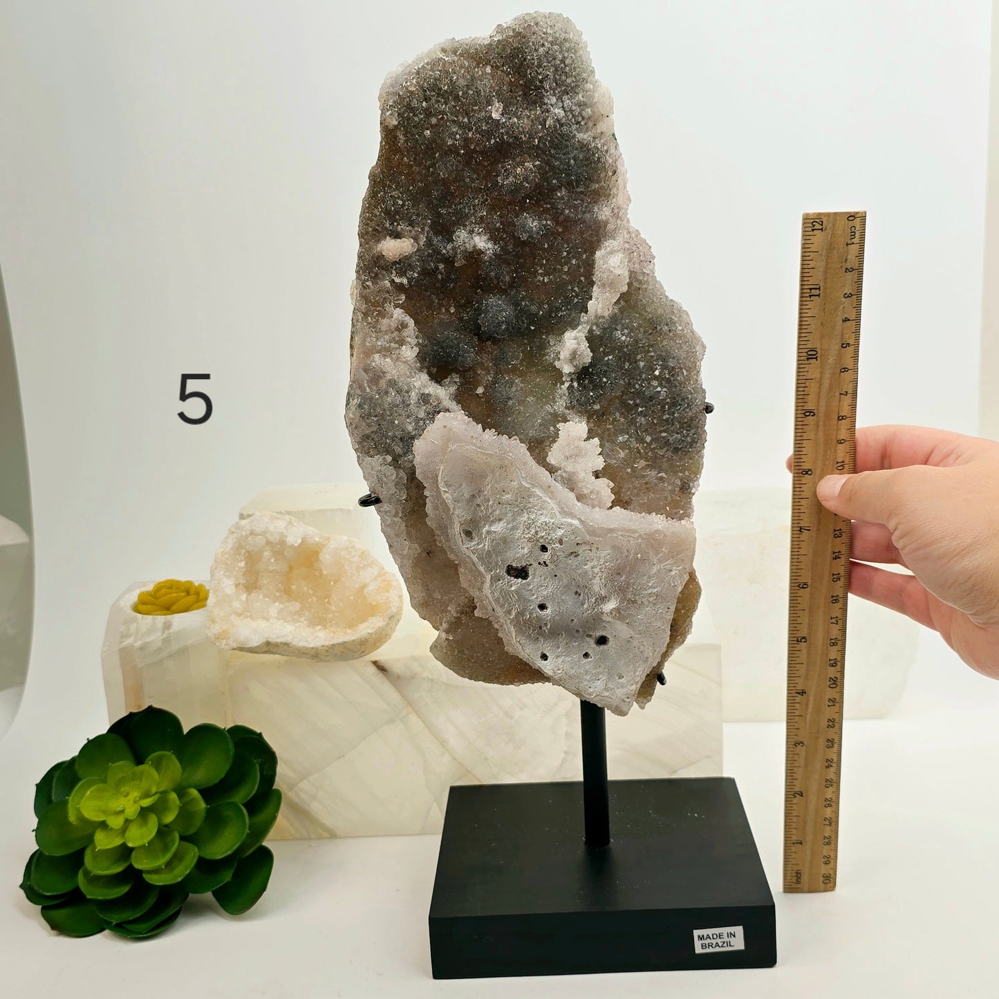 Amethyst Crystal Flower Cluster on Wooden Stand - You Choose #1 variant 5 labeled with hand and ruler for size reference