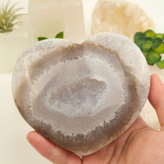 Agate Druzy Crystal Heart ONE-OF-A-KIND Valentine's Day Gift Idea #1 in hand for size reference with props and plants in the background
