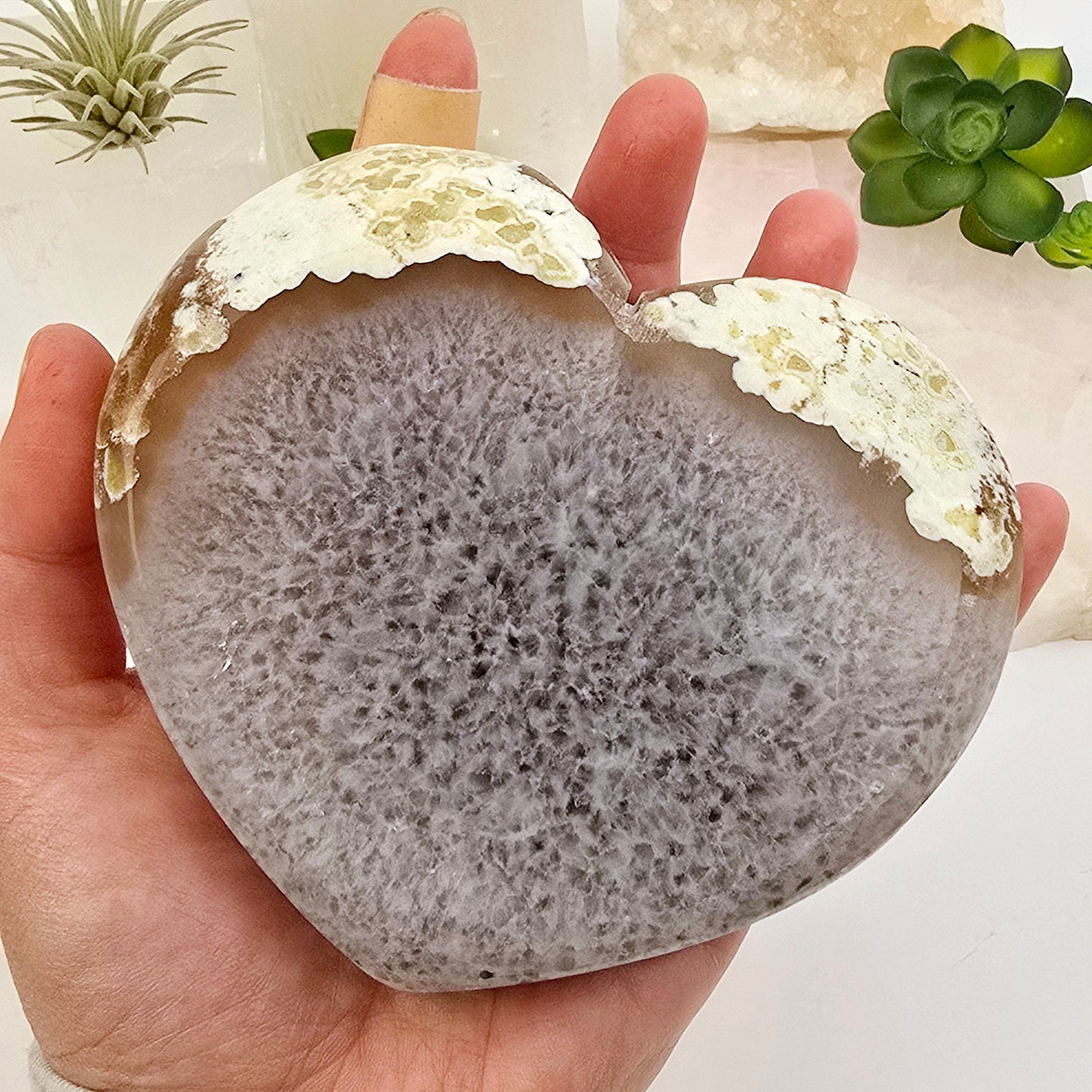 Agate Druzy Crystal Heart ONE-OF-A-KIND Valentine's Day Gift Idea #1 back view in hand for size reference