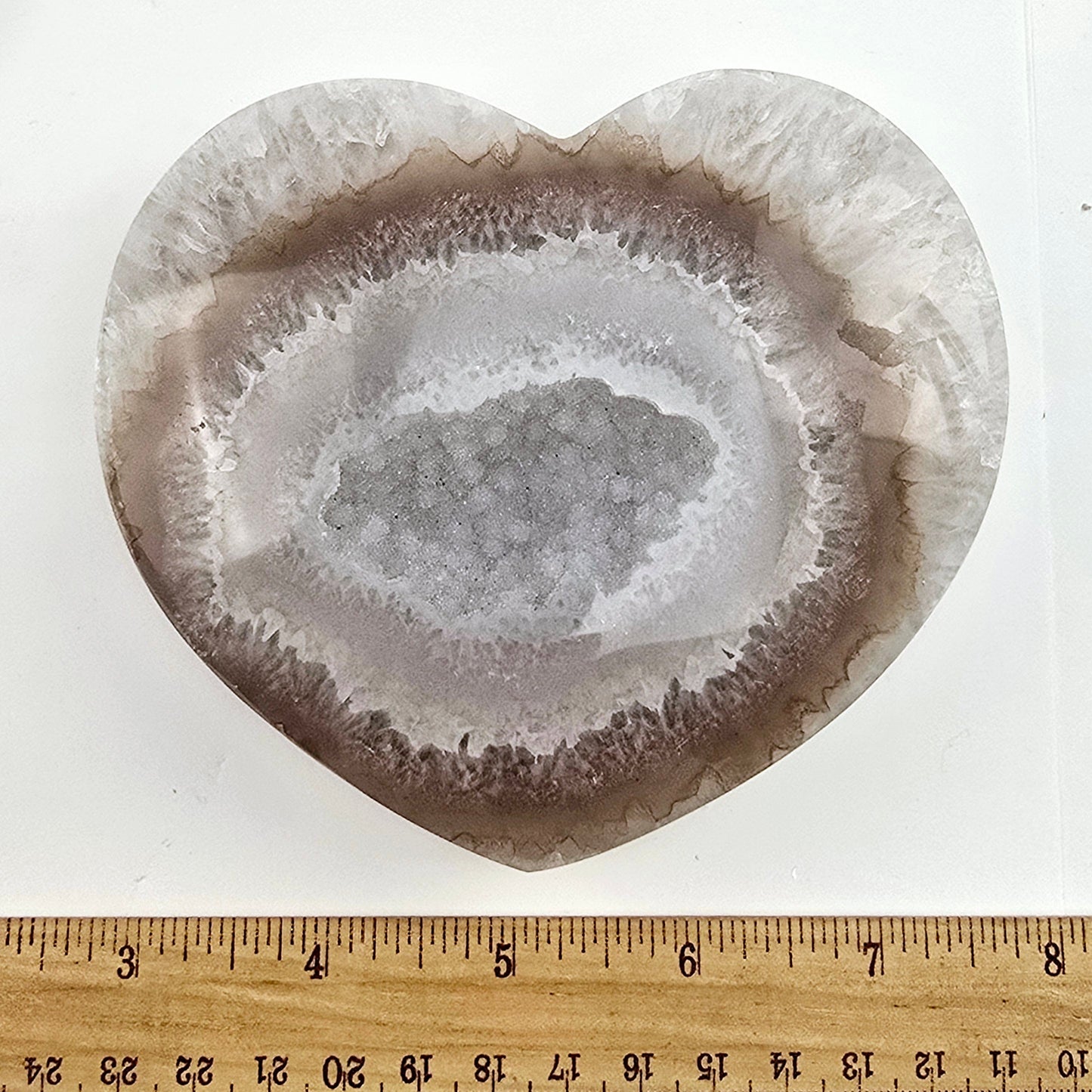 Agate Druzy Crystal Heart ONE-OF-A-KIND Valentine's Day Gift Idea #1 top front view with ruler for size reference